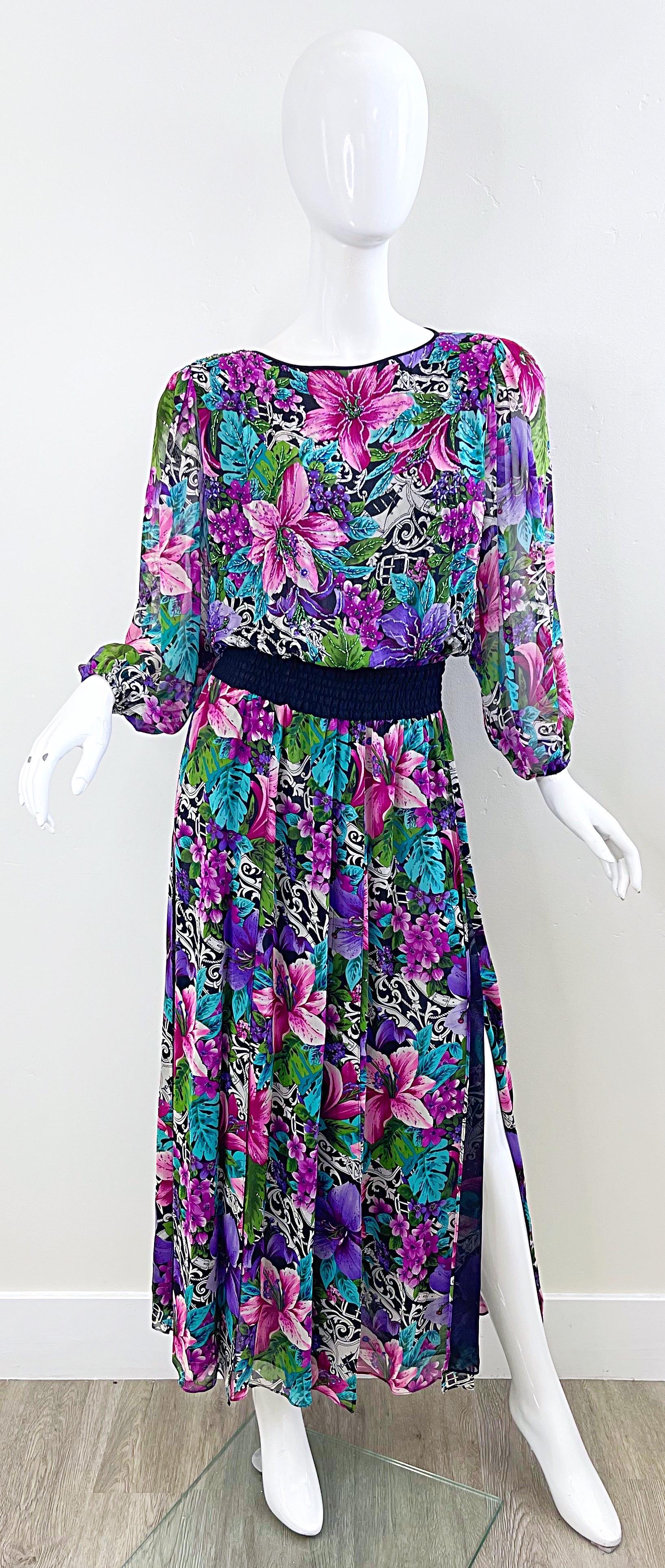 Diane Freis 1980s Silk Chiffon Beaded Tropical Print Vintage 80s Maxi Dress For Sale 12