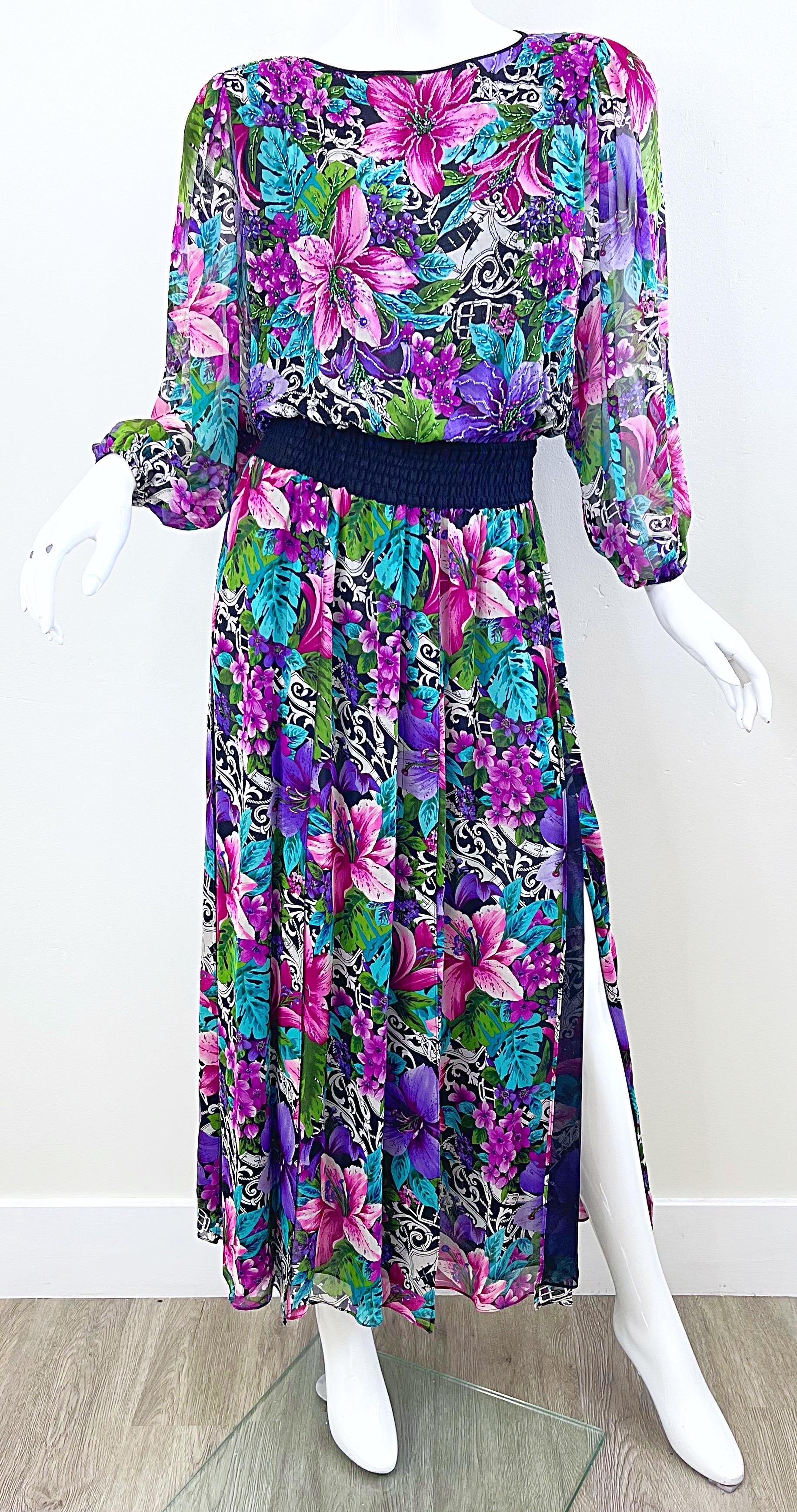 Diane Freis 1980s Silk Chiffon Beaded Tropical Print Vintage 80s Maxi Dress In Excellent Condition For Sale In San Diego, CA