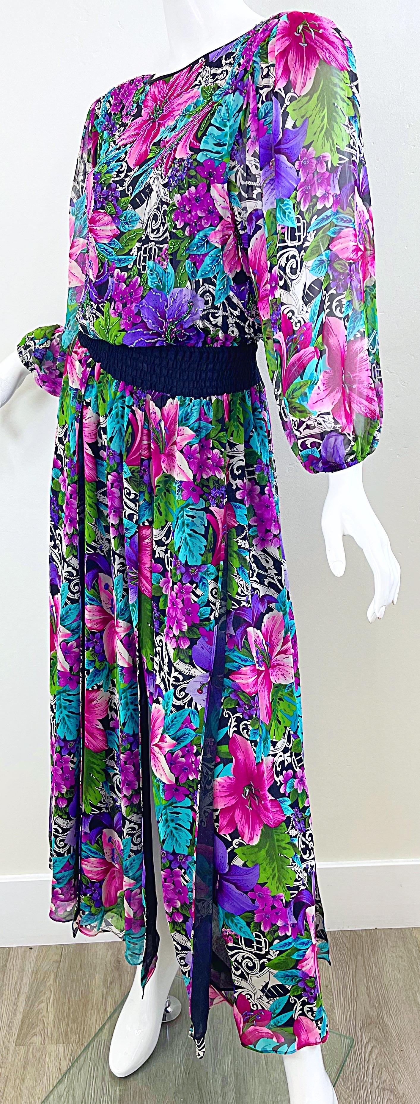 Diane Freis 1980s Silk Chiffon Beaded Tropical Print Vintage 80s Maxi Dress For Sale 1