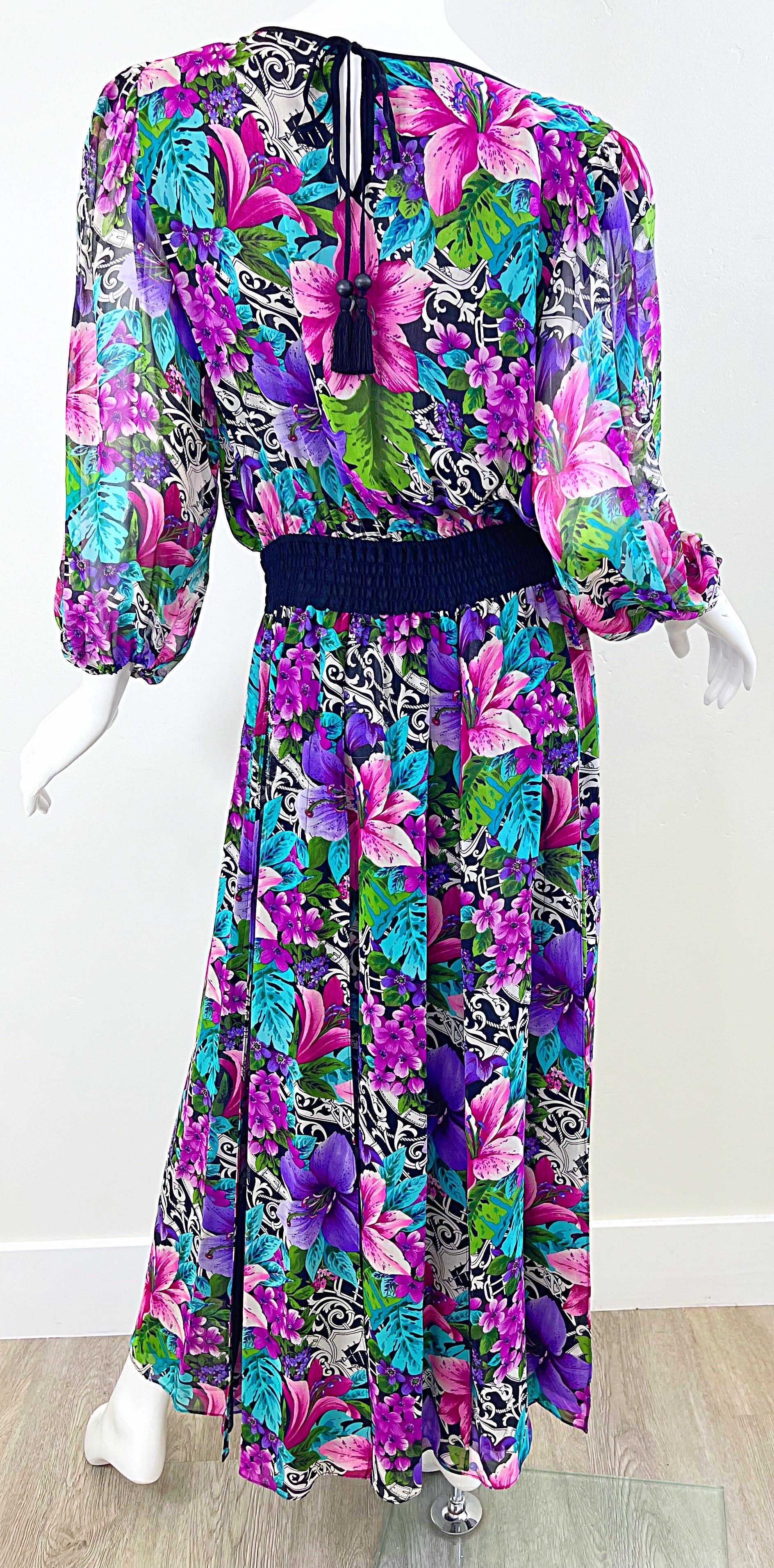 Diane Freis 1980s Silk Chiffon Beaded Tropical Print Vintage 80s Maxi Dress For Sale 1
