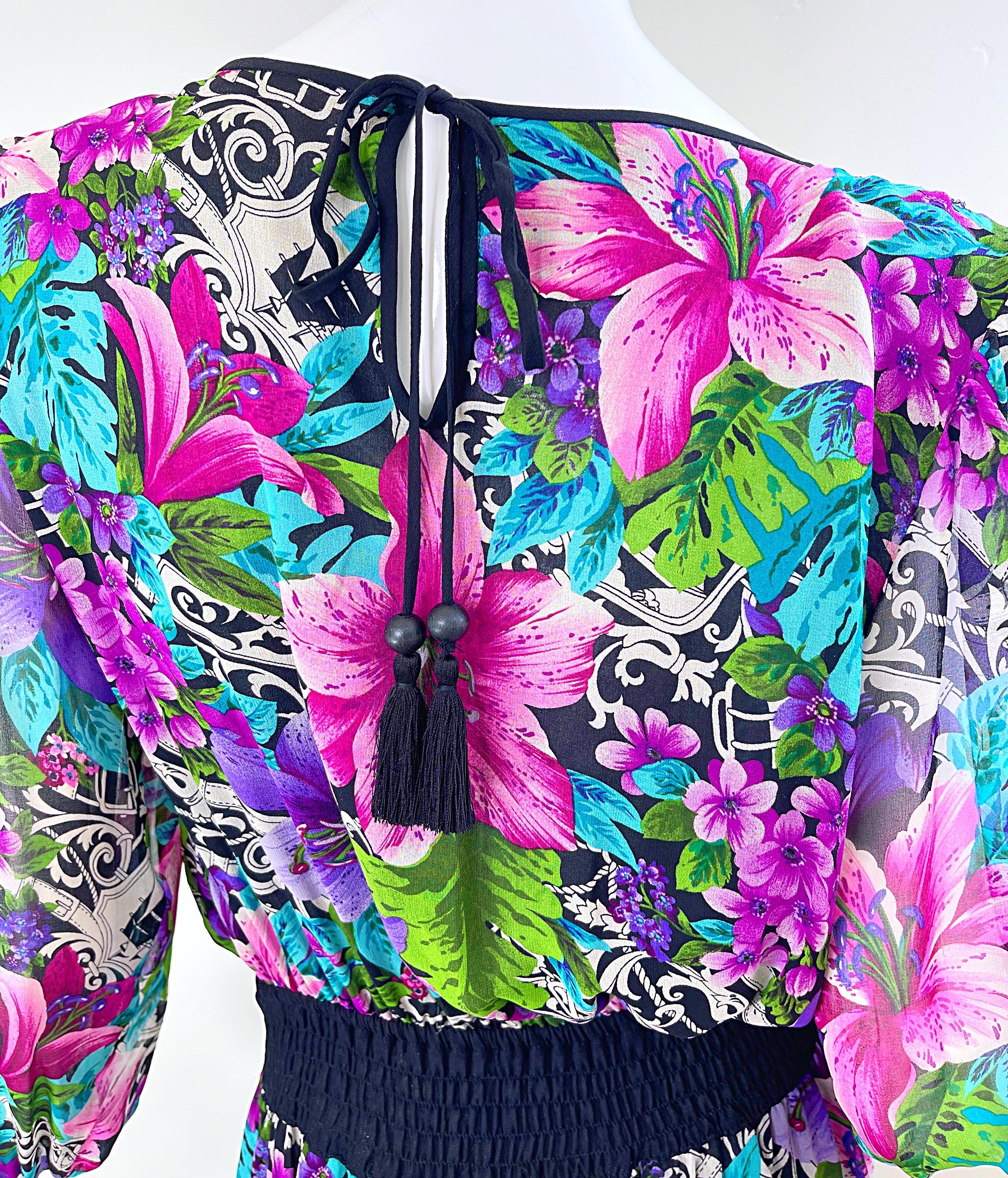 Diane Freis 1980s Silk Chiffon Beaded Tropical Print Vintage 80s Maxi Dress For Sale 2