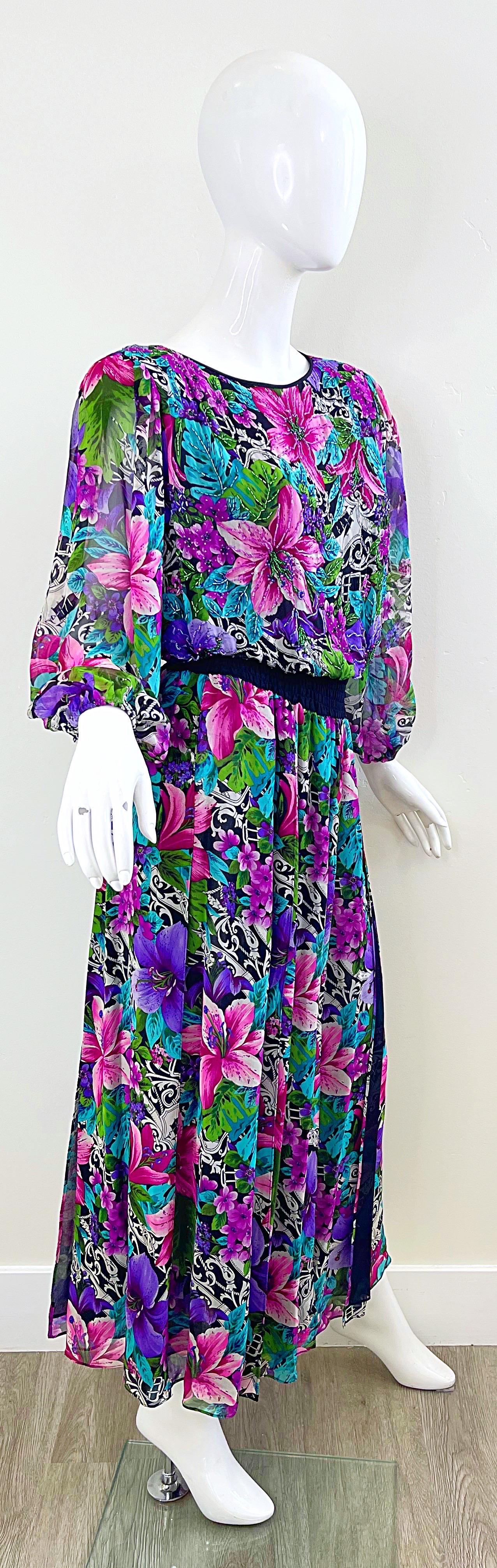 Diane Freis 1980s Silk Chiffon Beaded Tropical Print Vintage 80s Maxi Dress For Sale 4