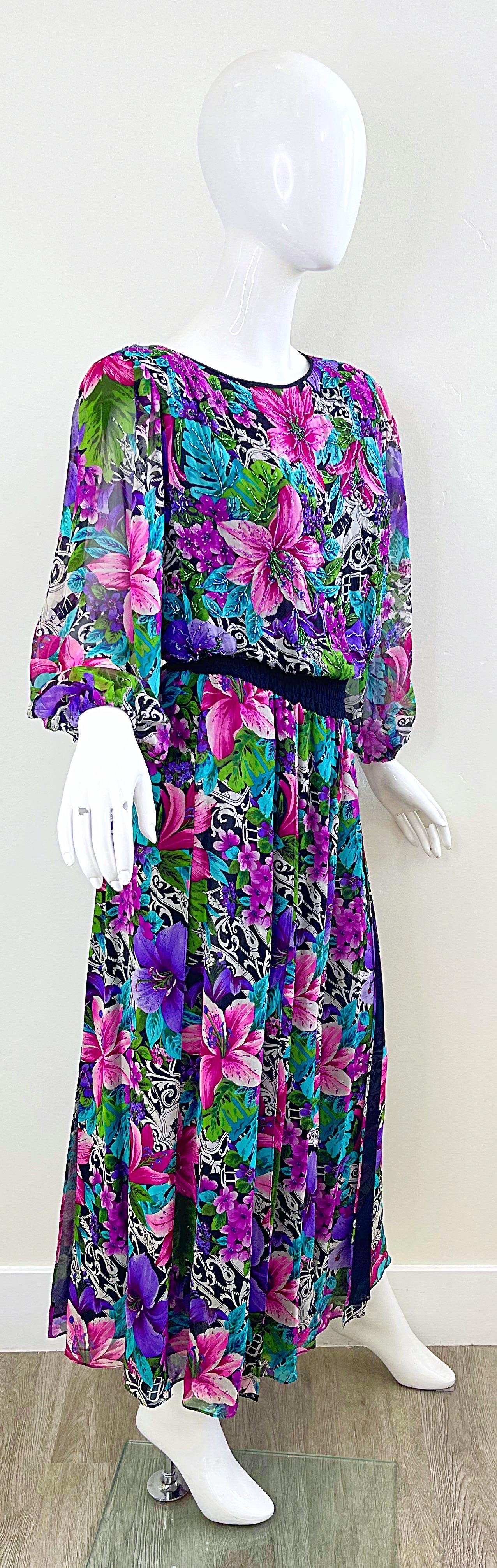 Diane Freis 1980s Silk Chiffon Beaded Tropical Print Vintage 80s Maxi Dress For Sale 3