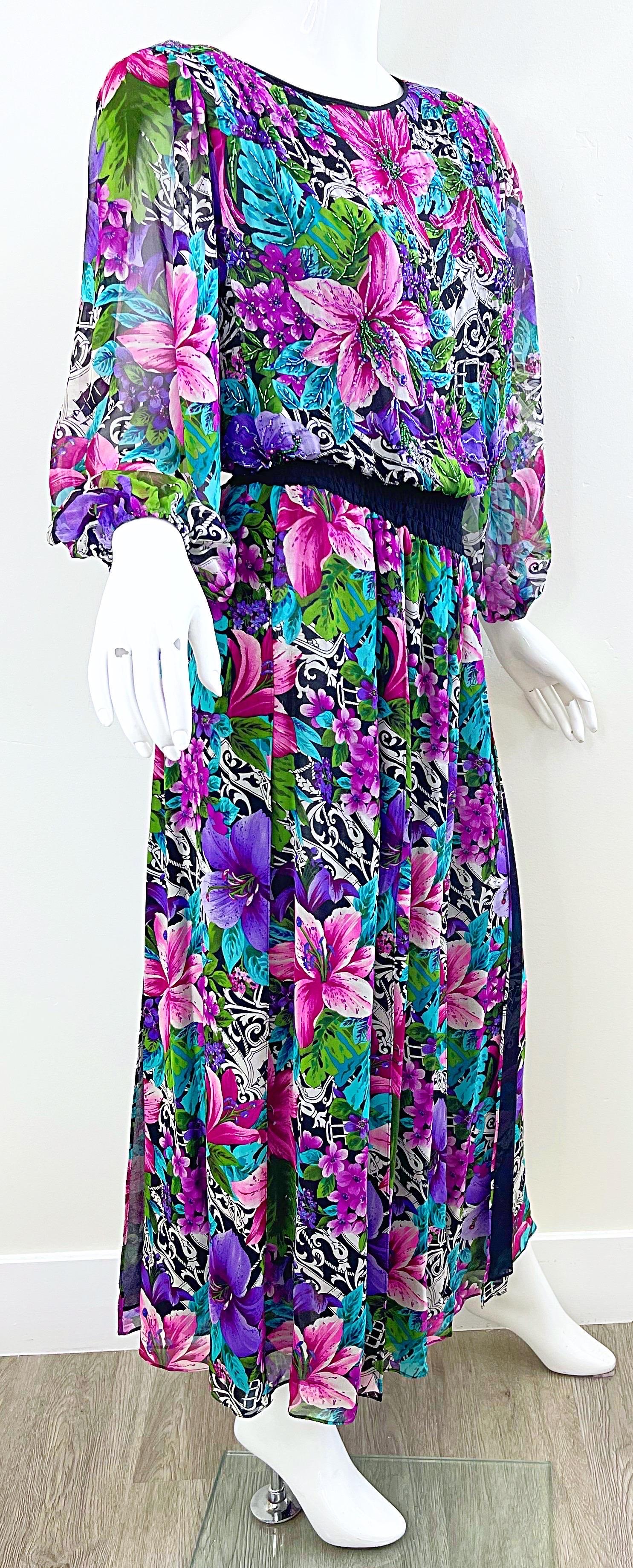 Diane Freis 1980s Silk Chiffon Beaded Tropical Print Vintage 80s Maxi Dress For Sale 5