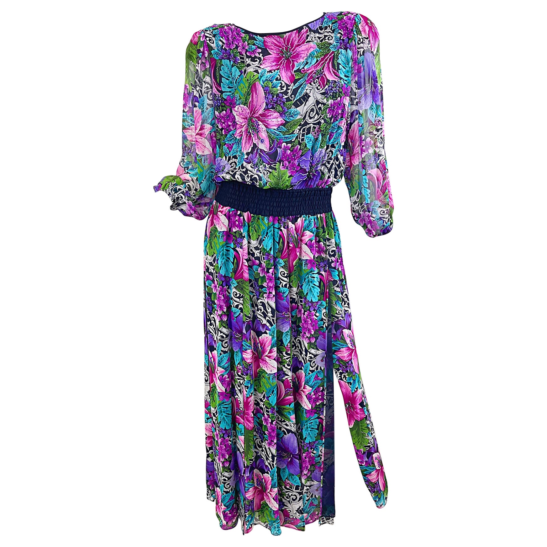 Diane Freis 1980er Jahre Vintage 80er Jahre Maxikleid aus Seide und Chiffon mit tropischem Druck und Perlen