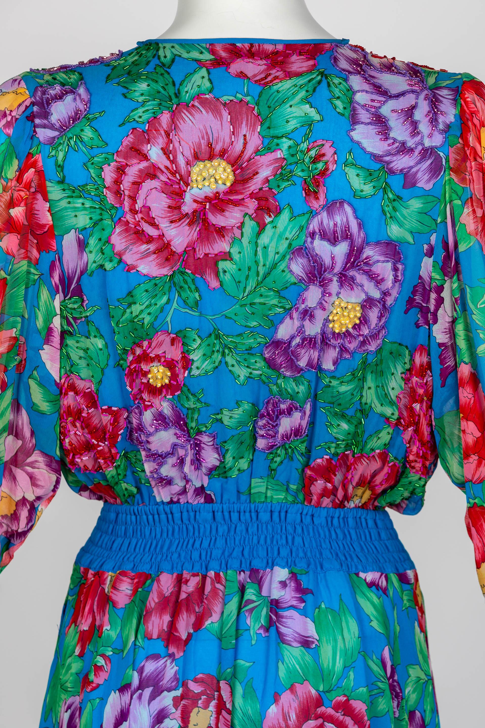 Diane Freis Blue Floral Silk Georgette Dress, 1990s For Sale 1