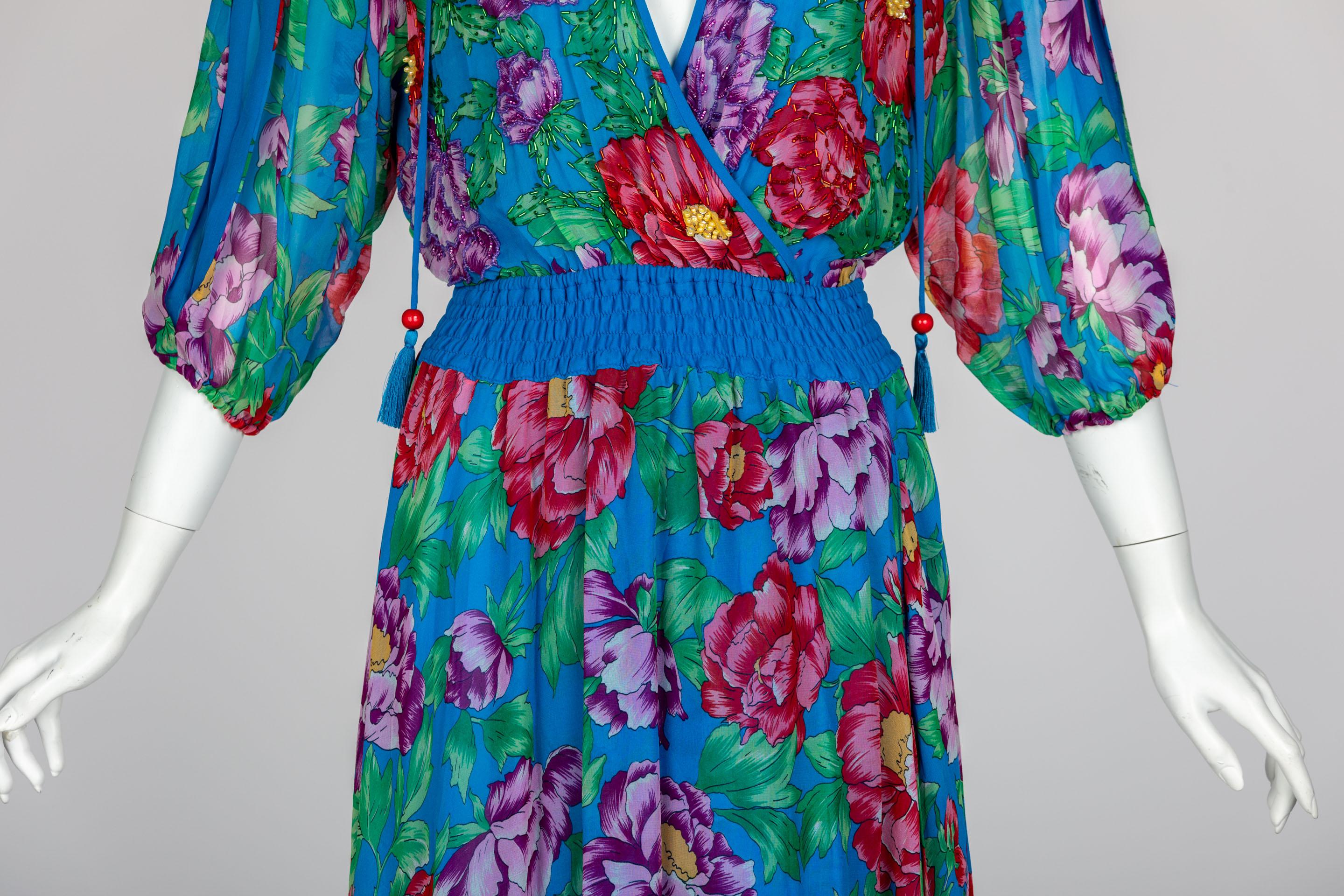 Diane Freis Blue Floral Silk Georgette Dress, 1990s For Sale 2