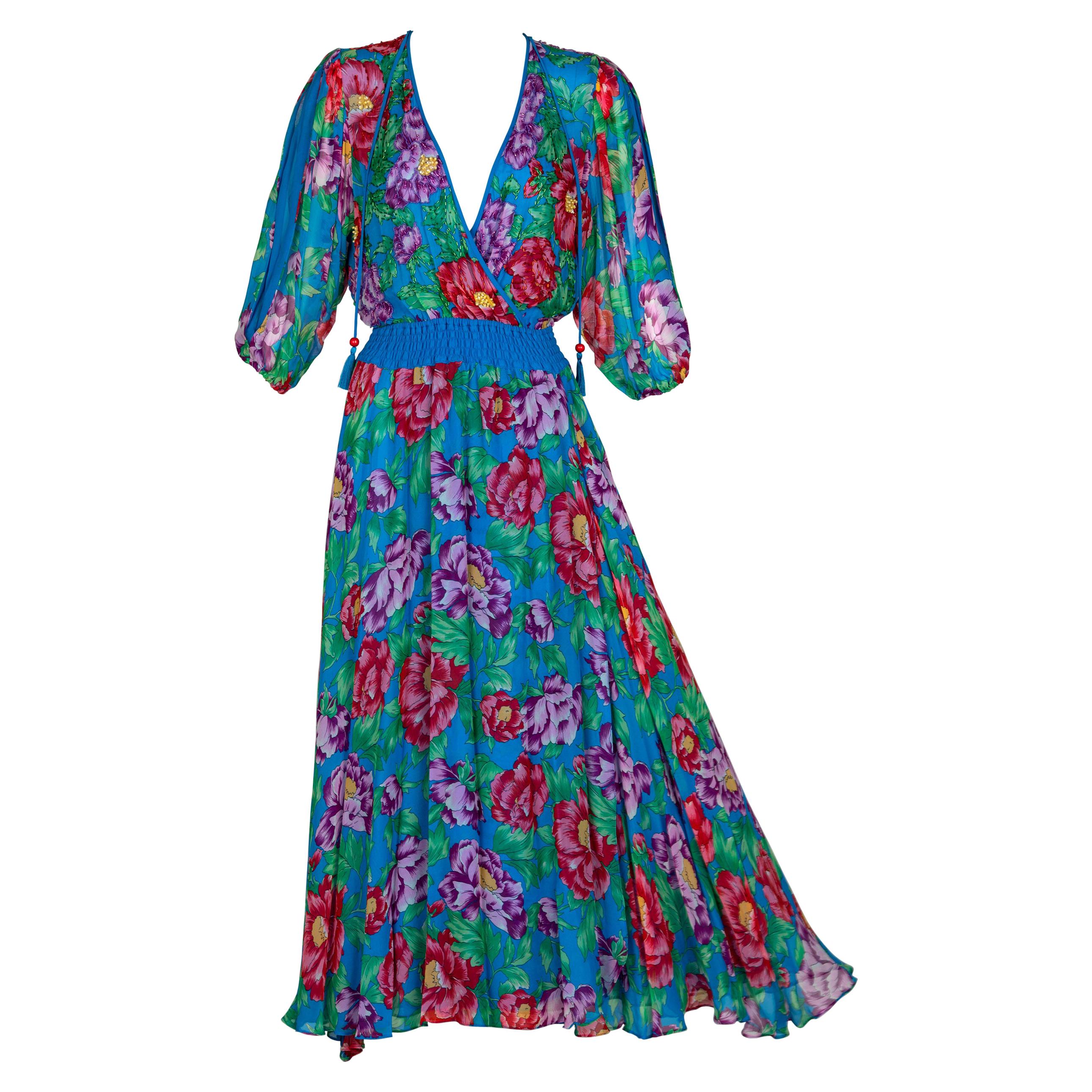 Diane Freis Blue Floral Silk Georgette Dress, 1990s