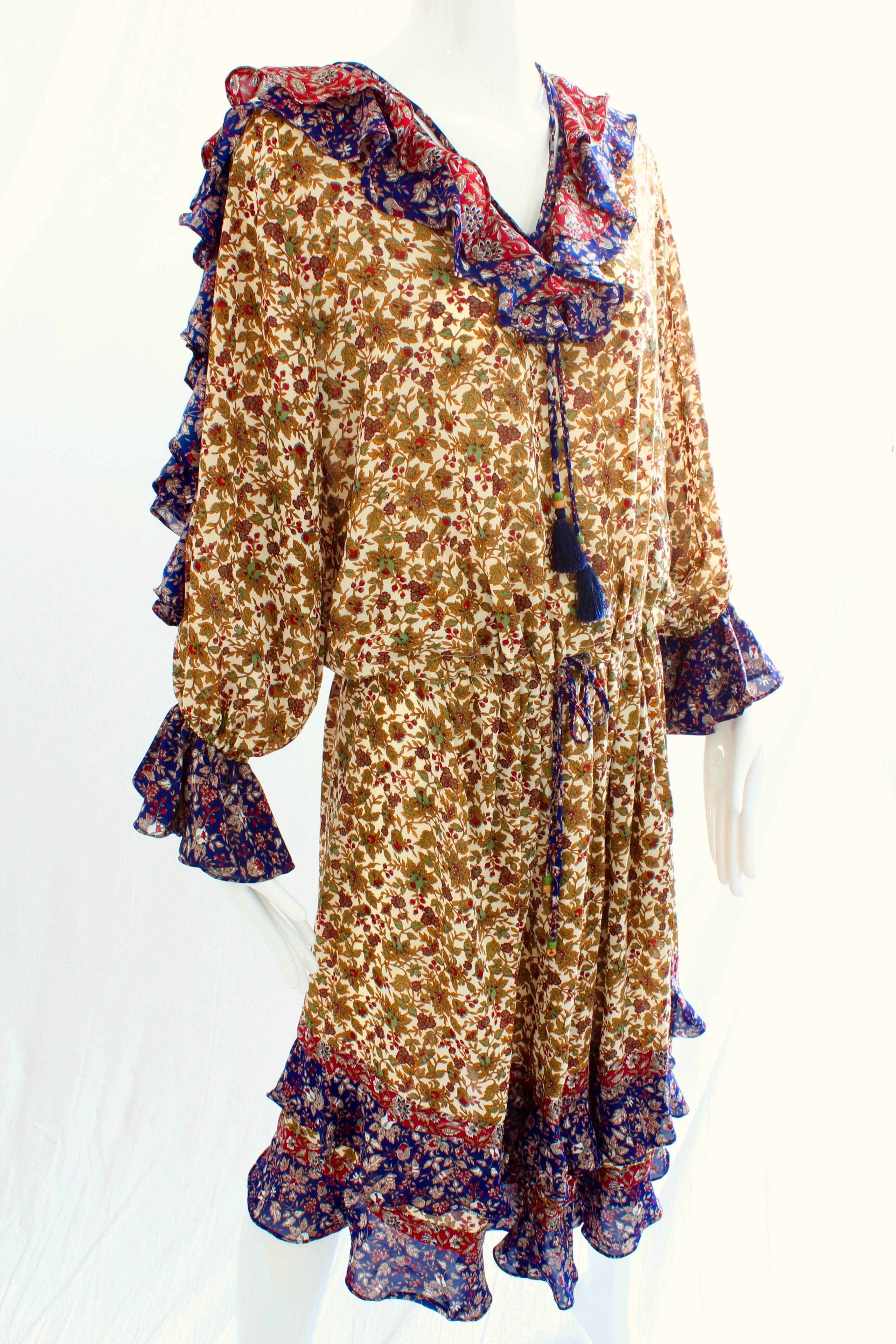 Brown Diane Freis Dress 2pc Floral Ruffles Tassel Ties Size S 1980s 