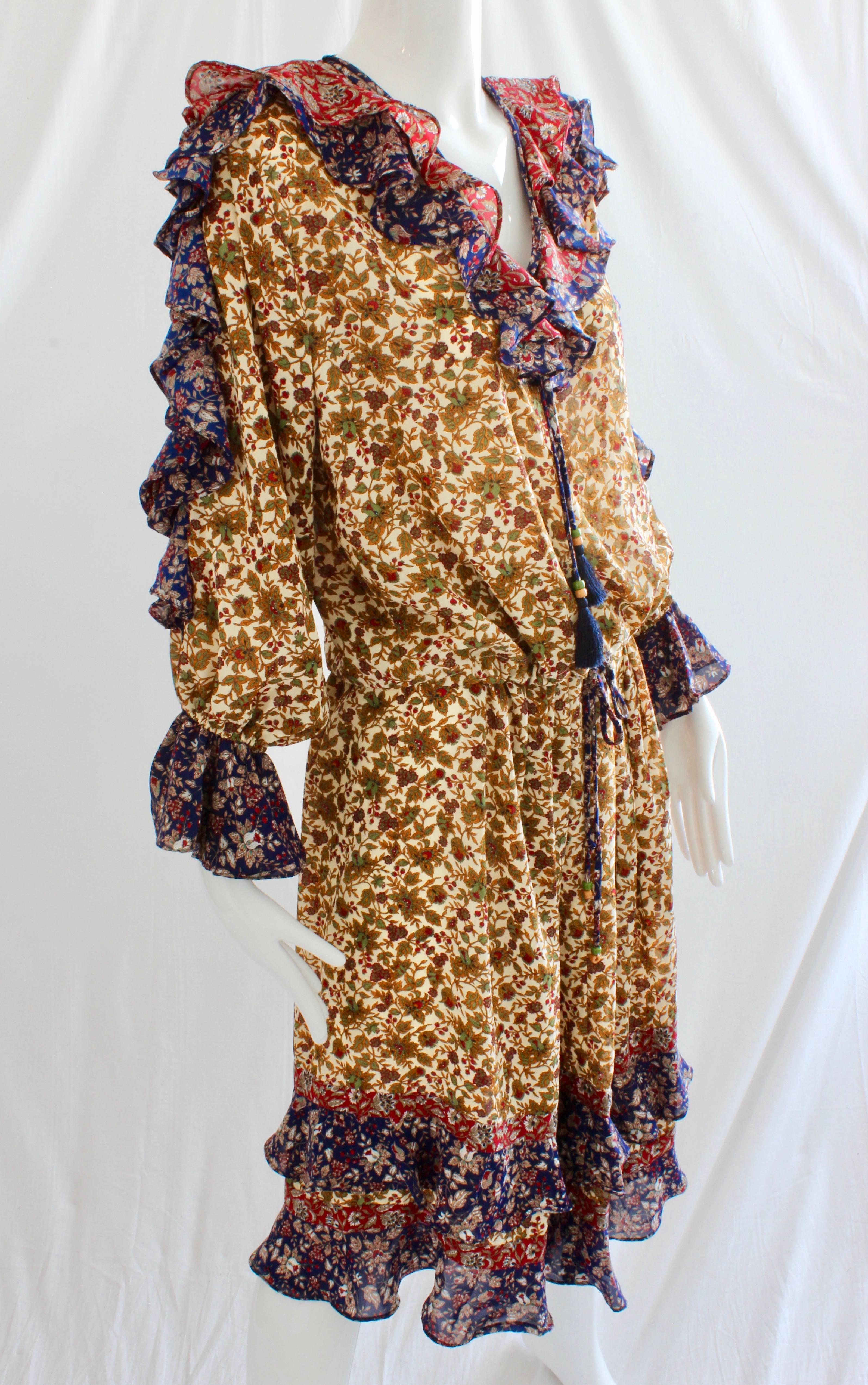 Diane Freis Dress 2pc Floral Ruffles Tassel Ties Size S 1980s  In Good Condition In Port Saint Lucie, FL