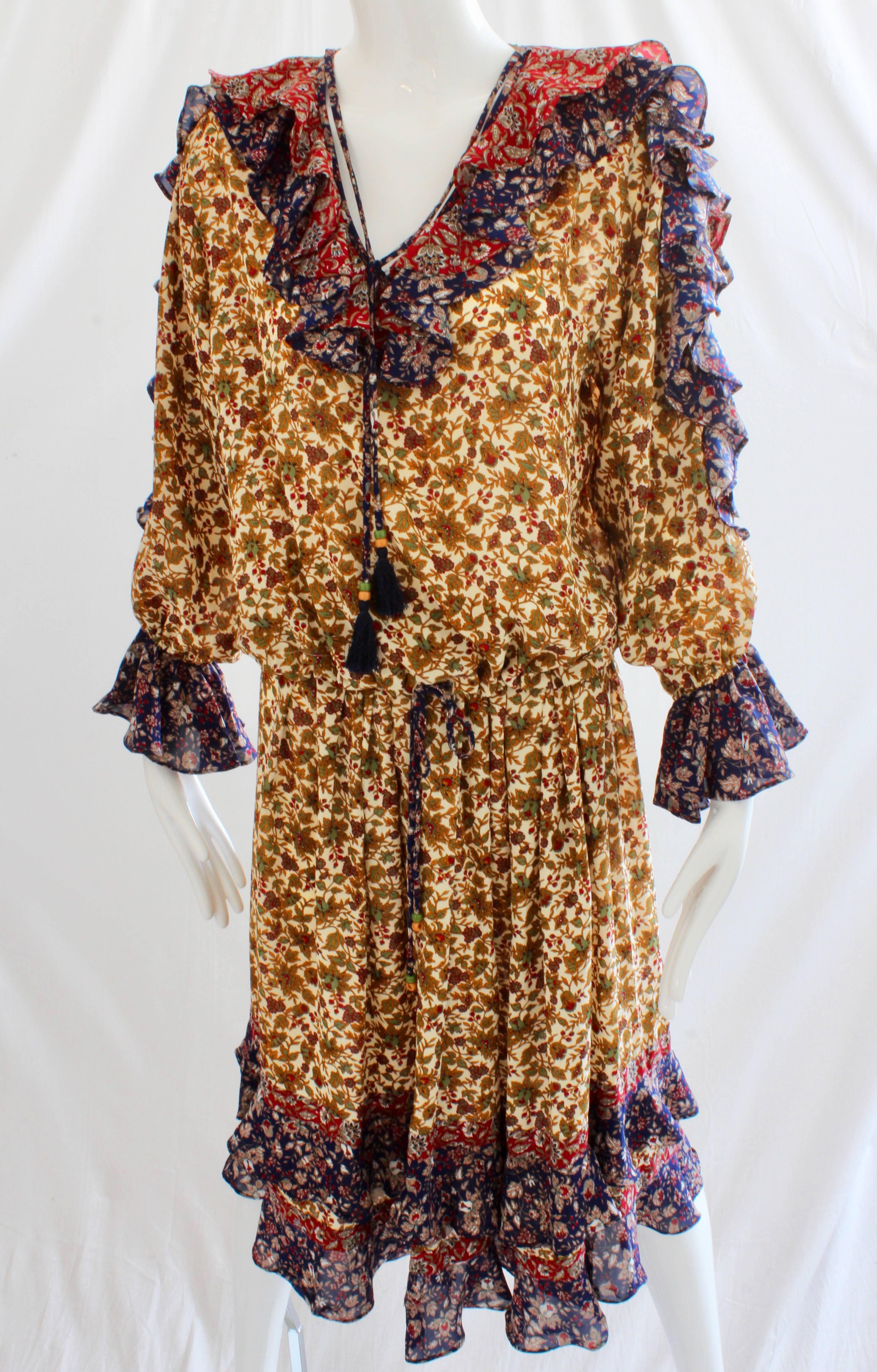 Women's Diane Freis Dress 2pc Floral Ruffles Tassel Ties Size S 1980s 
