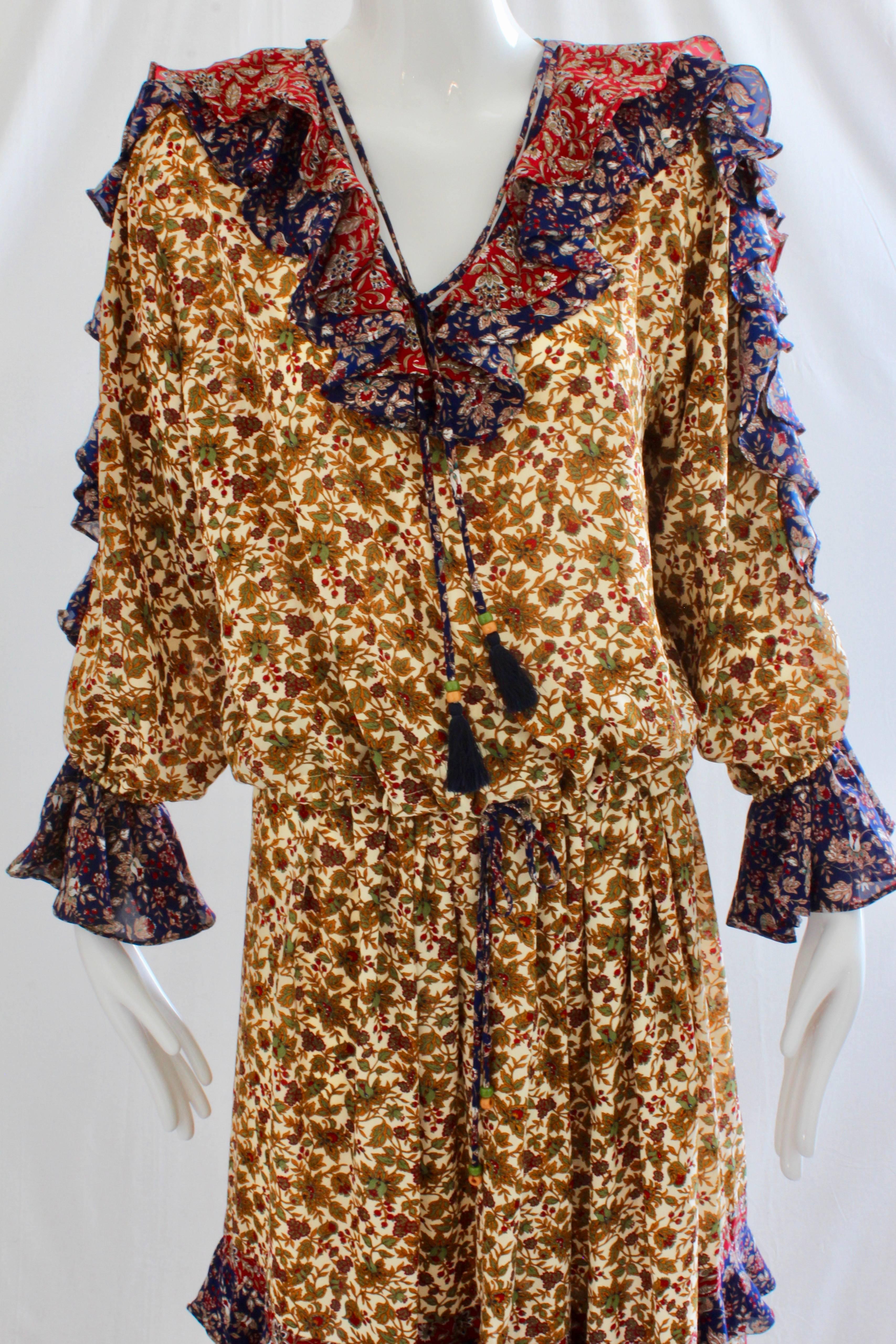 Diane Freis Dress 2pc Floral Ruffles Tassel Ties Size S 1980s  1
