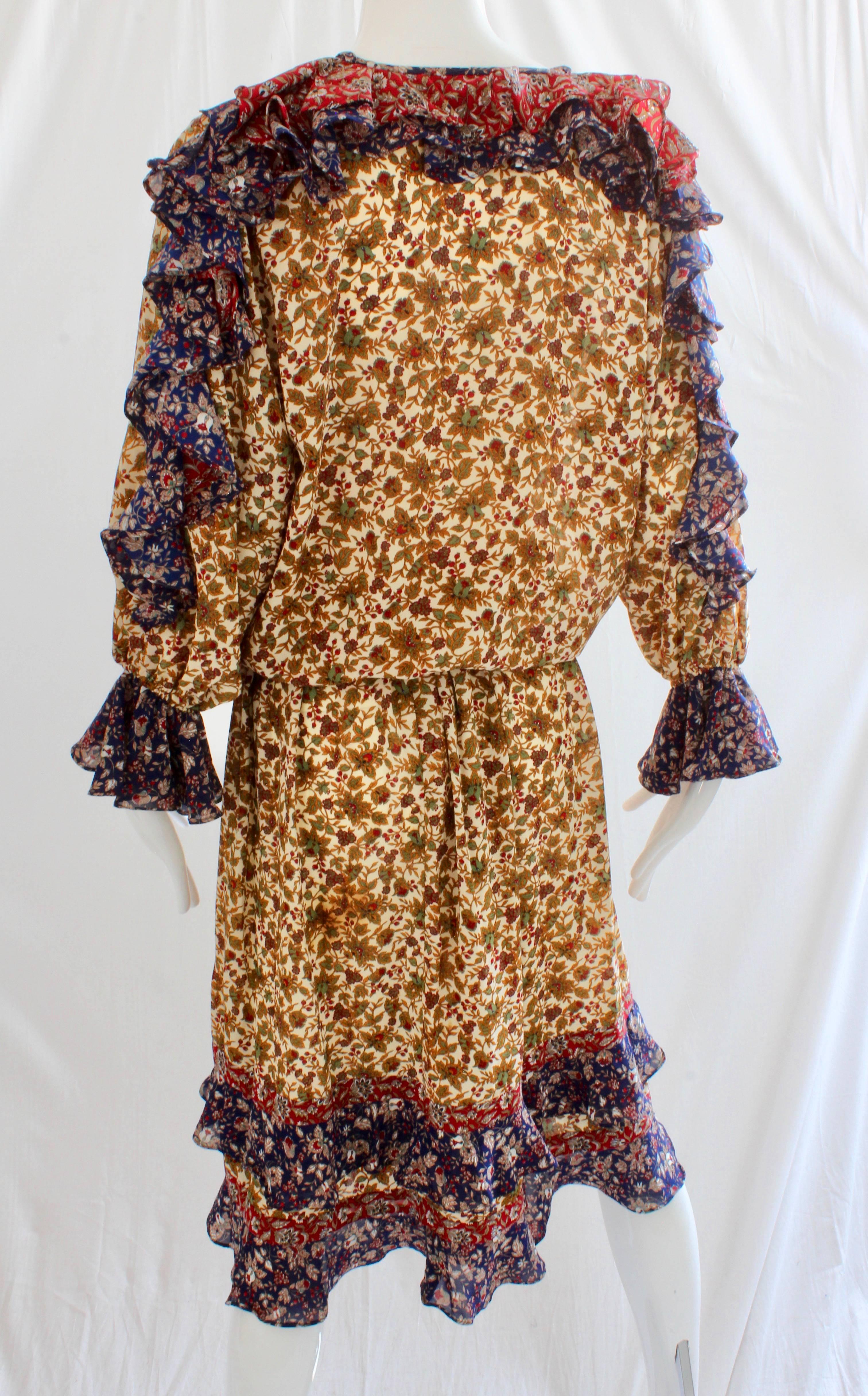Diane Freis Dress 2pc Floral Ruffles Tassel Ties Size S 1980s  2