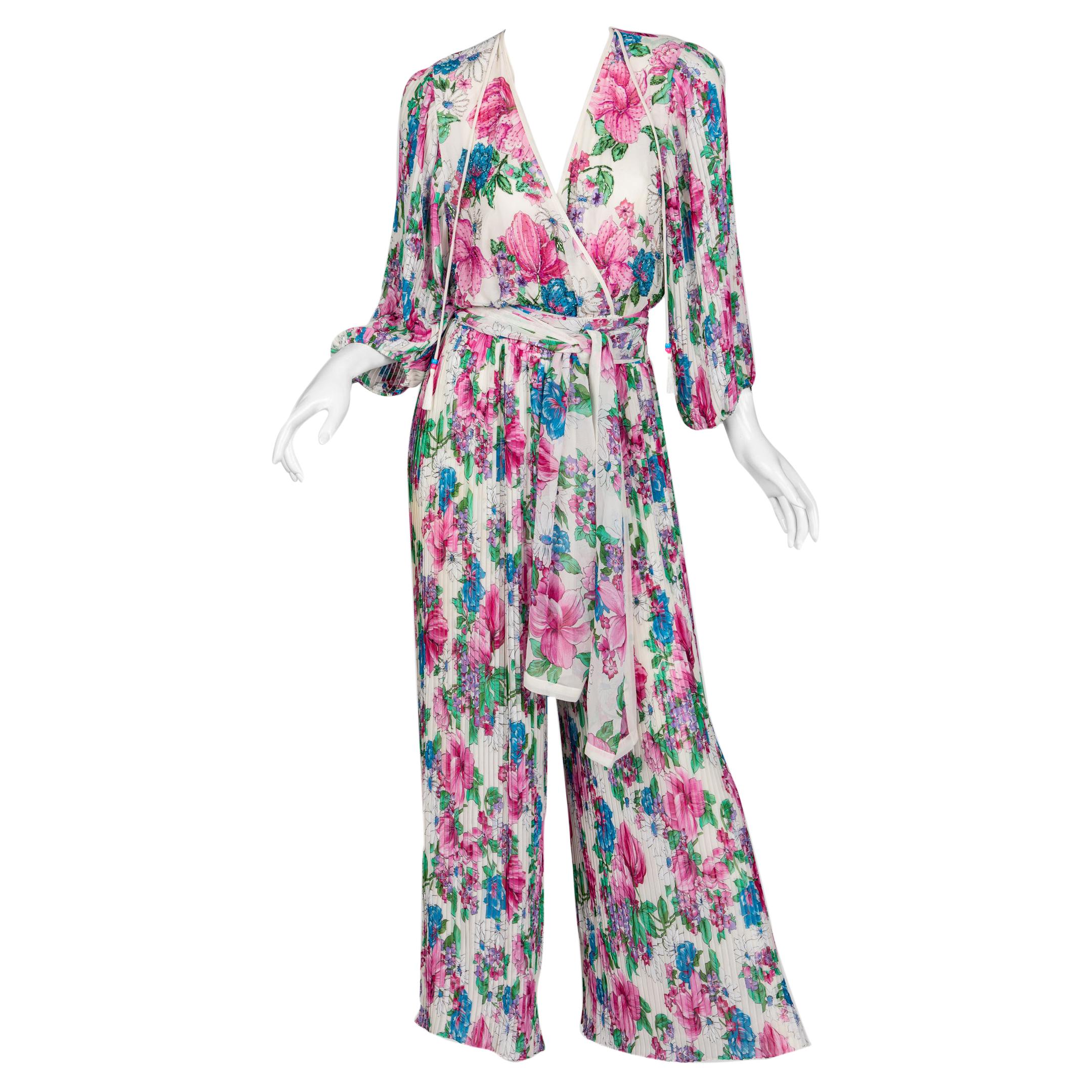  Diane Freis Floral Chiffon Jumpsuit, 1980s For Sale