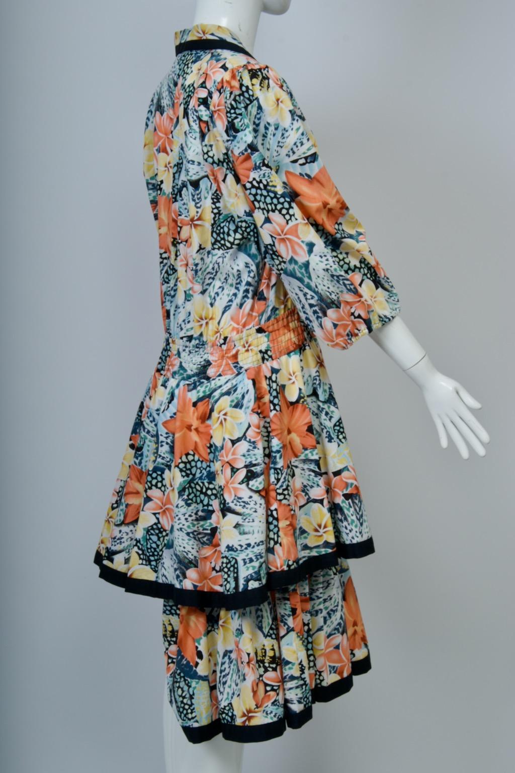 Gray Diane Freis Floral Print Cotton Dress For Sale