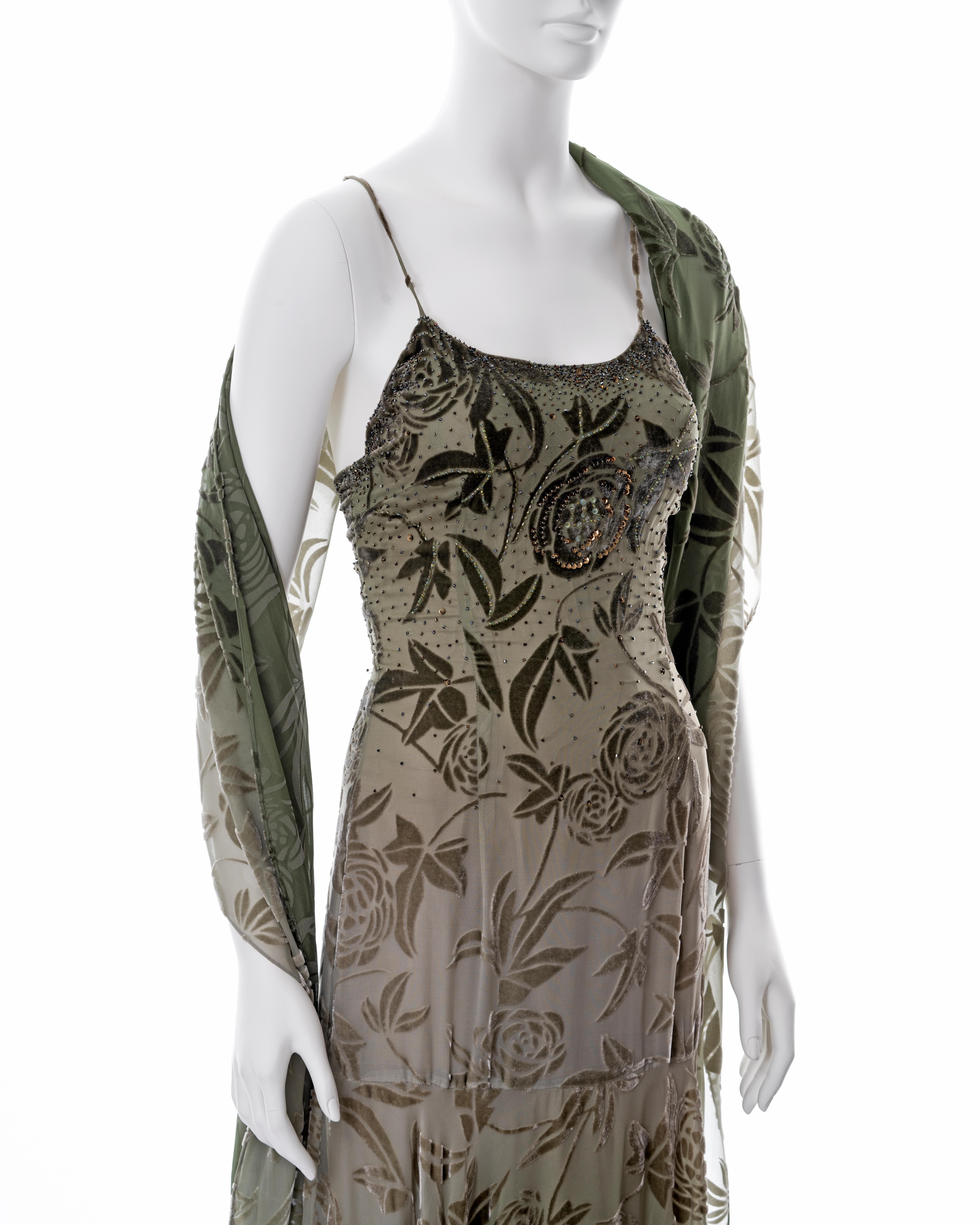 Diane Freis green beaded floral velvet devoré evening dress and shawl, c. 2000 1