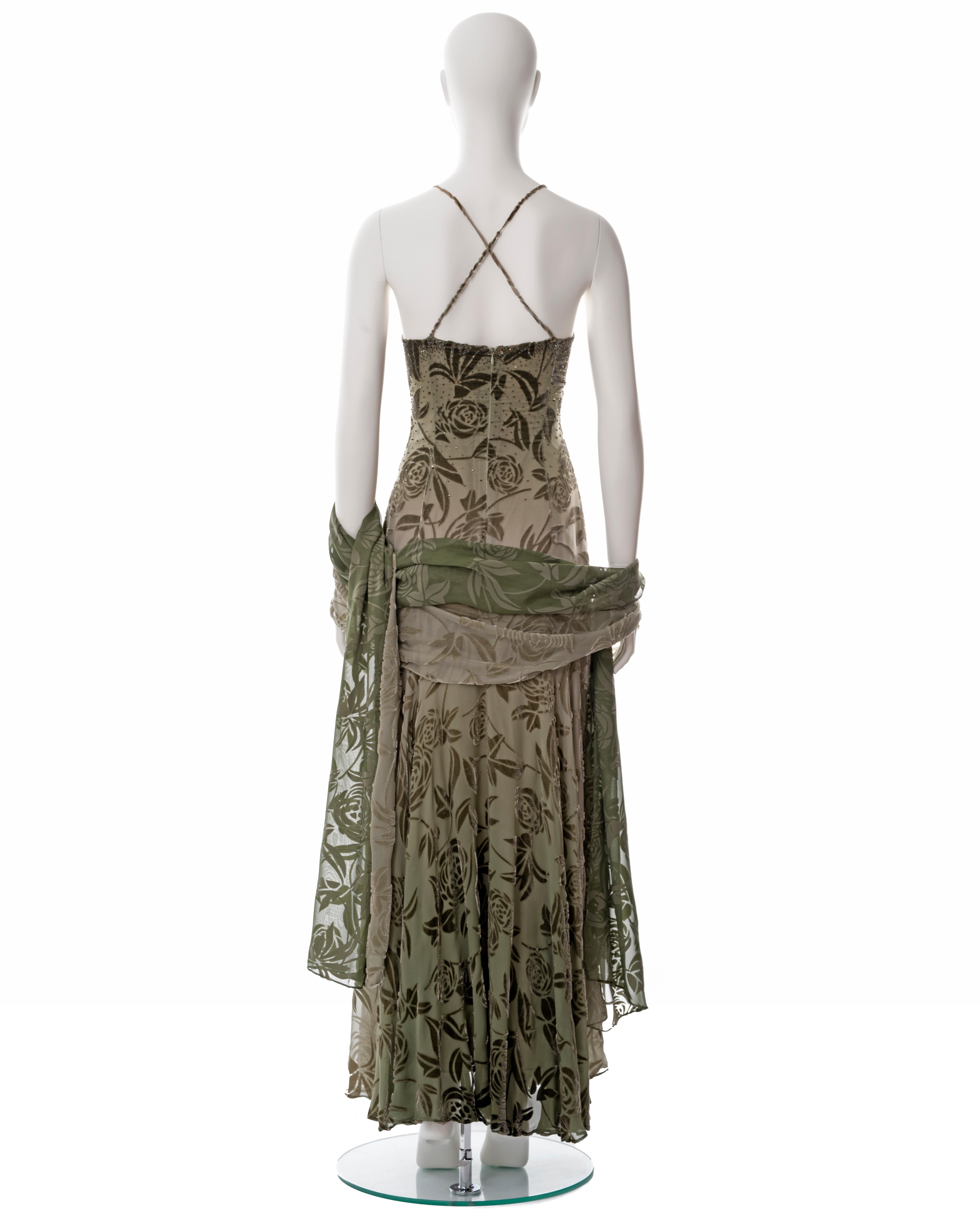 Diane Freis green beaded floral velvet devoré evening dress and shawl, c. 2000 3