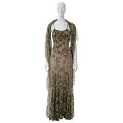 Diane Freis green beaded floral velvet devoré evening dress and shawl, c. 2000