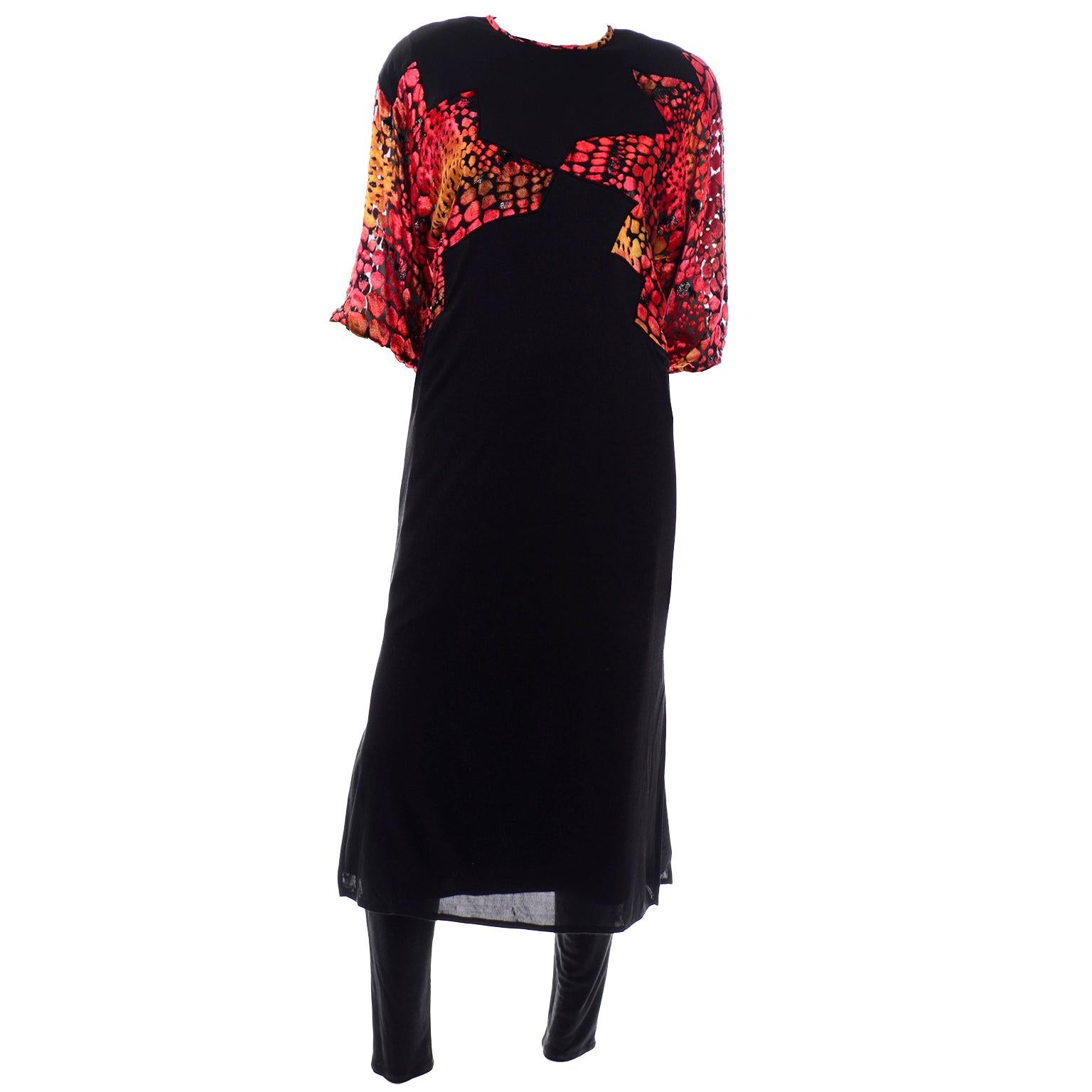 Diane Freis Limited Edition Black Silk Jersey Dress & Pants W Velvet Detail For Sale