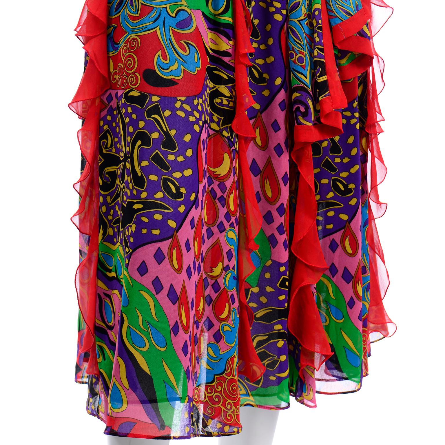 Diane Freis Multi Colored Bold Print Beaded Vintage Dress w Ruffled Sleeves 2