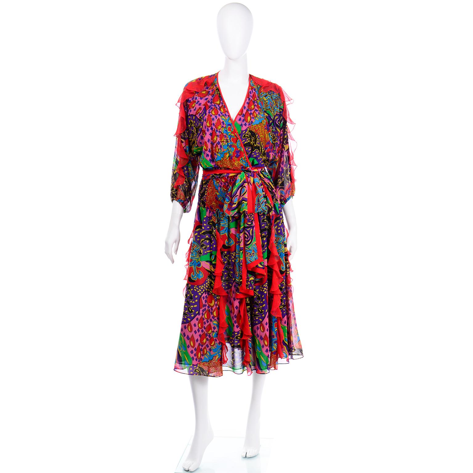Brown Diane Freis Multi Colored Bold Print Beaded Vintage Dress w Ruffled Sleeves