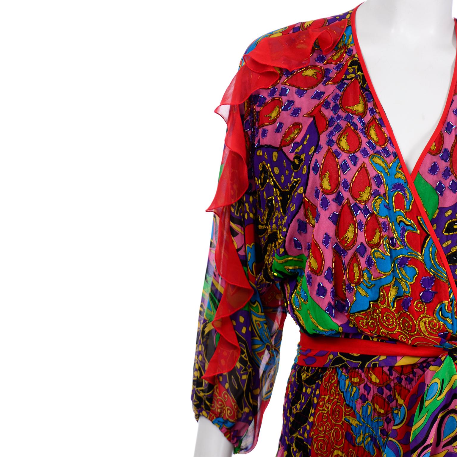 Diane Freis Multi Colored Bold Print Beaded Vintage Dress w Ruffled Sleeves In Excellent Condition In Portland, OR