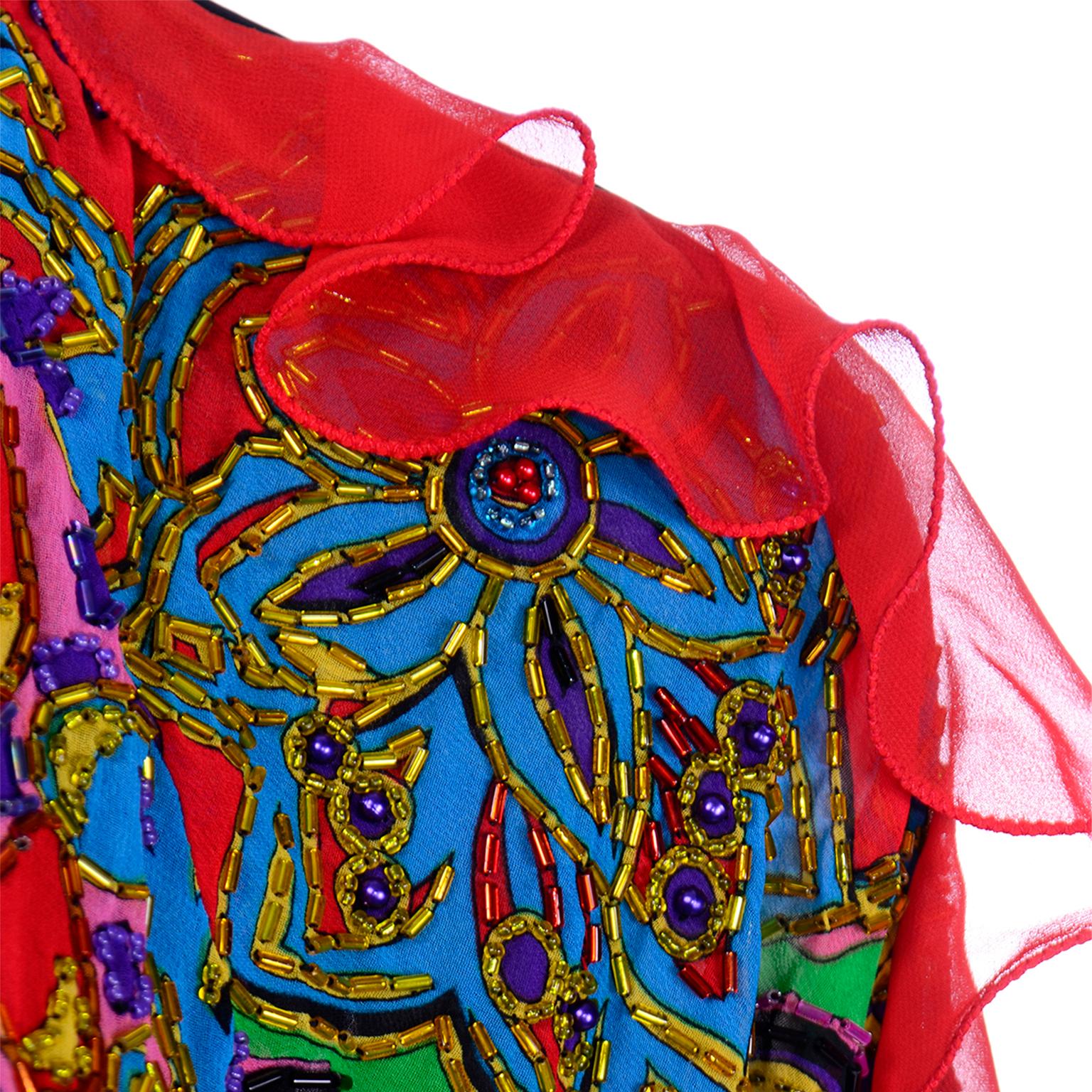 Women's Diane Freis Multi Colored Bold Print Beaded Vintage Dress w Ruffled Sleeves