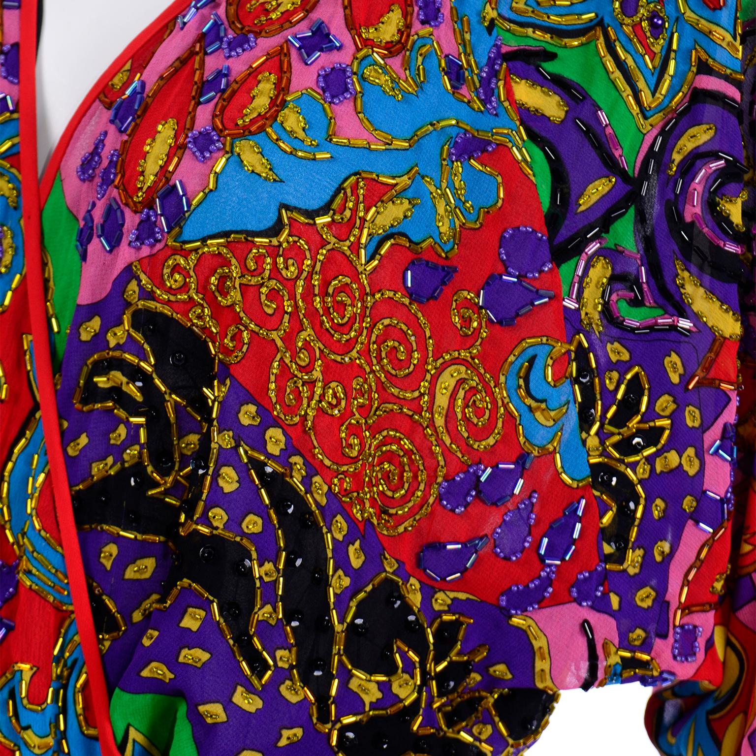 Diane Freis Multi Colored Bold Print Beaded Vintage Dress w Ruffled Sleeves 1