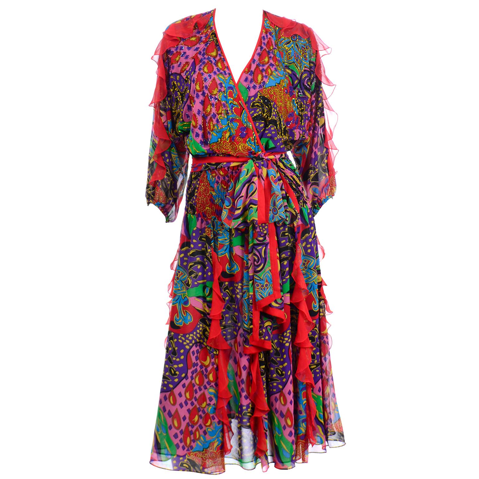 Diane Freis Multi Colored Bold Print Beaded Vintage Dress w Ruffled Sleeves