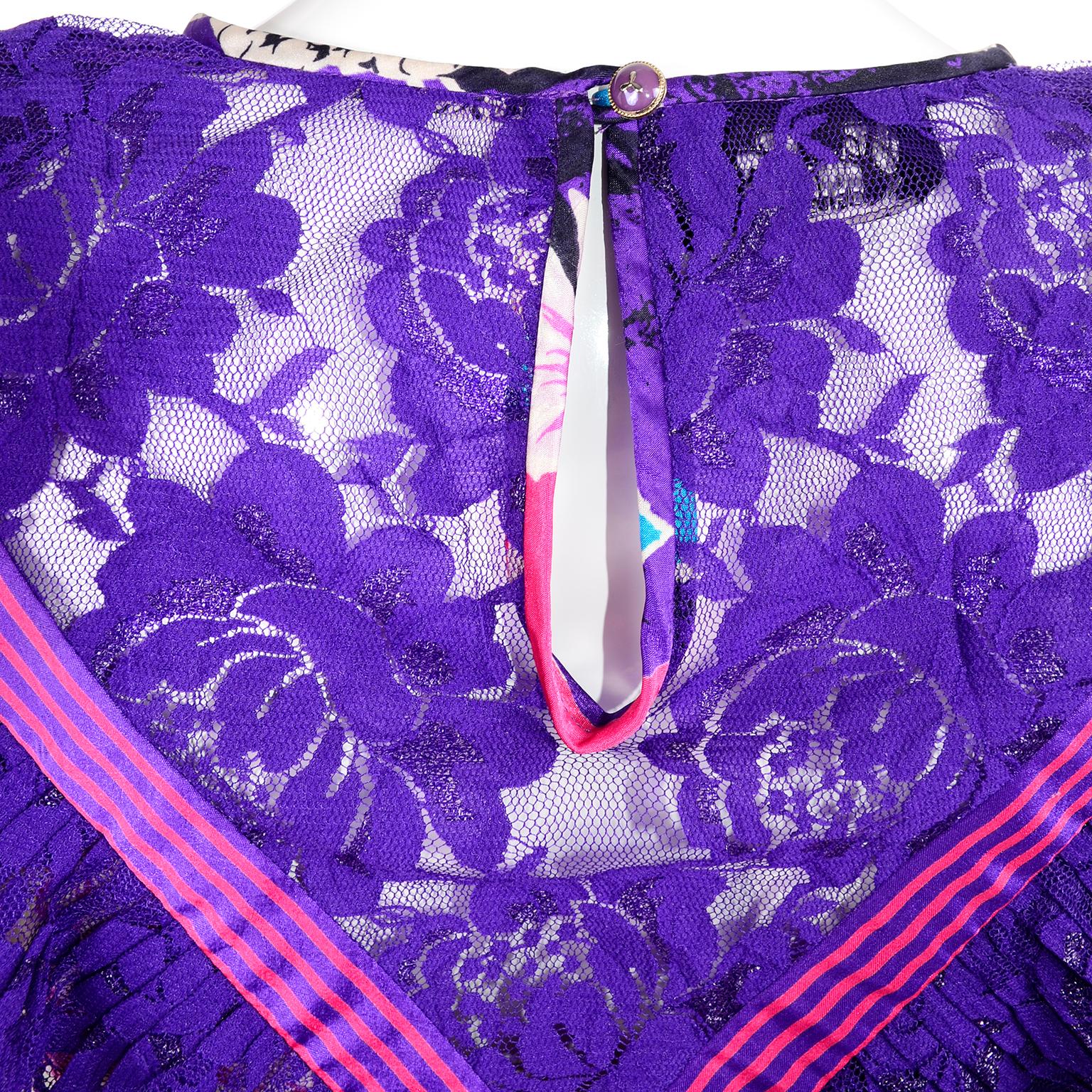 Diane Freis Original 1980s Purple Abstract Floral Dress w Lace Trim & Ruffle 6