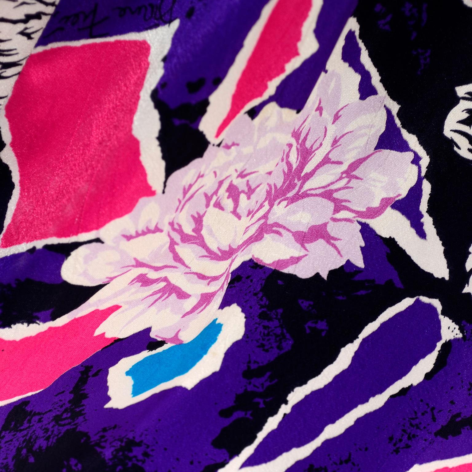 Diane Freis Original 1980s Purple Abstract Floral Dress w Lace Trim & Ruffle 7
