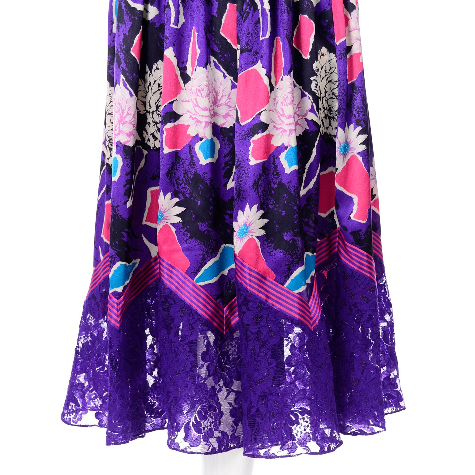 Diane Freis Original 1980s Purple Abstract Floral Dress w Lace Trim & Ruffle 9