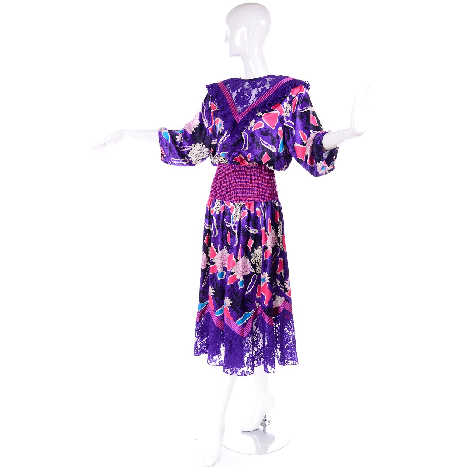 Diane Freis Original 1980s Purple Abstract Floral Dress w Lace Trim & Ruffle In Excellent Condition In Portland, OR