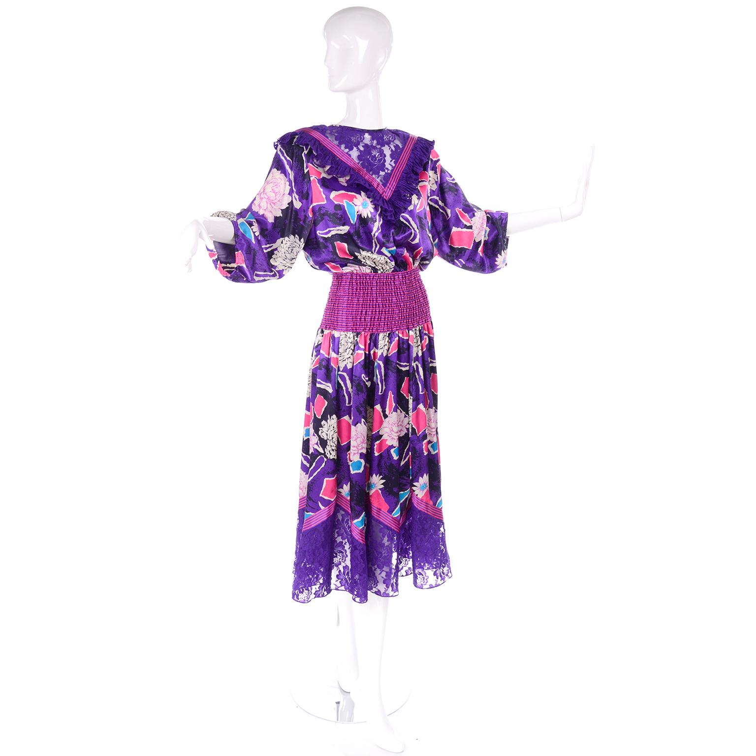 Women's Diane Freis Original 1980s Purple Abstract Floral Dress w Lace Trim & Ruffle