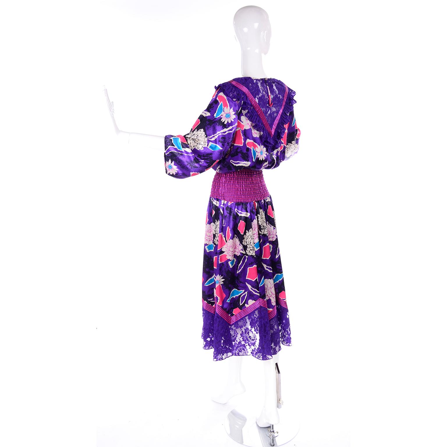 Diane Freis Original 1980s Purple Abstract Floral Dress w Lace Trim & Ruffle 1
