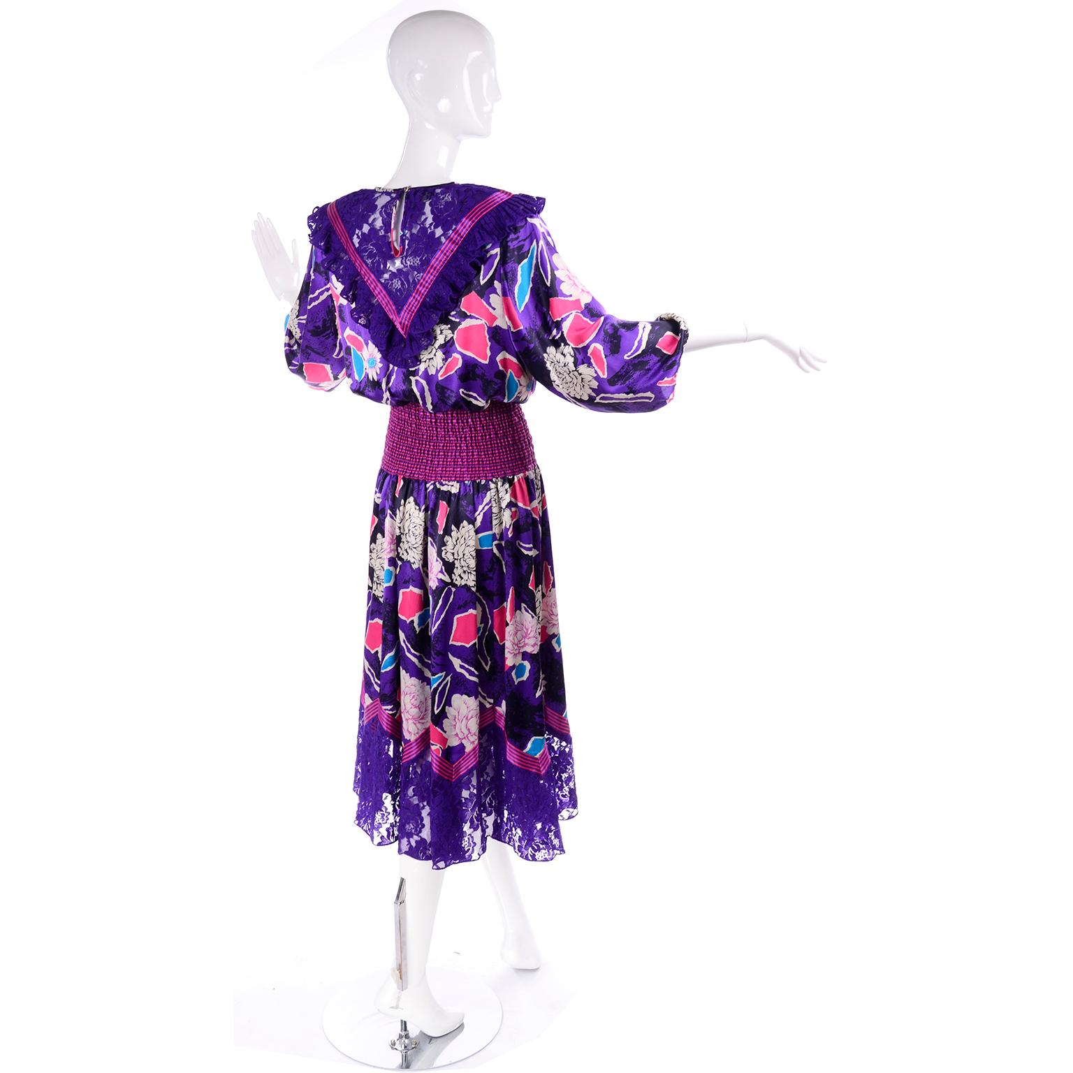Diane Freis Original 1980s Purple Abstract Floral Dress w Lace Trim & Ruffle 2