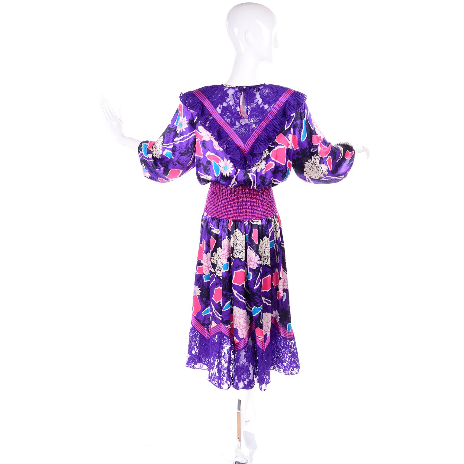 Diane Freis Original 1980s Purple Abstract Floral Dress w Lace Trim & Ruffle 3