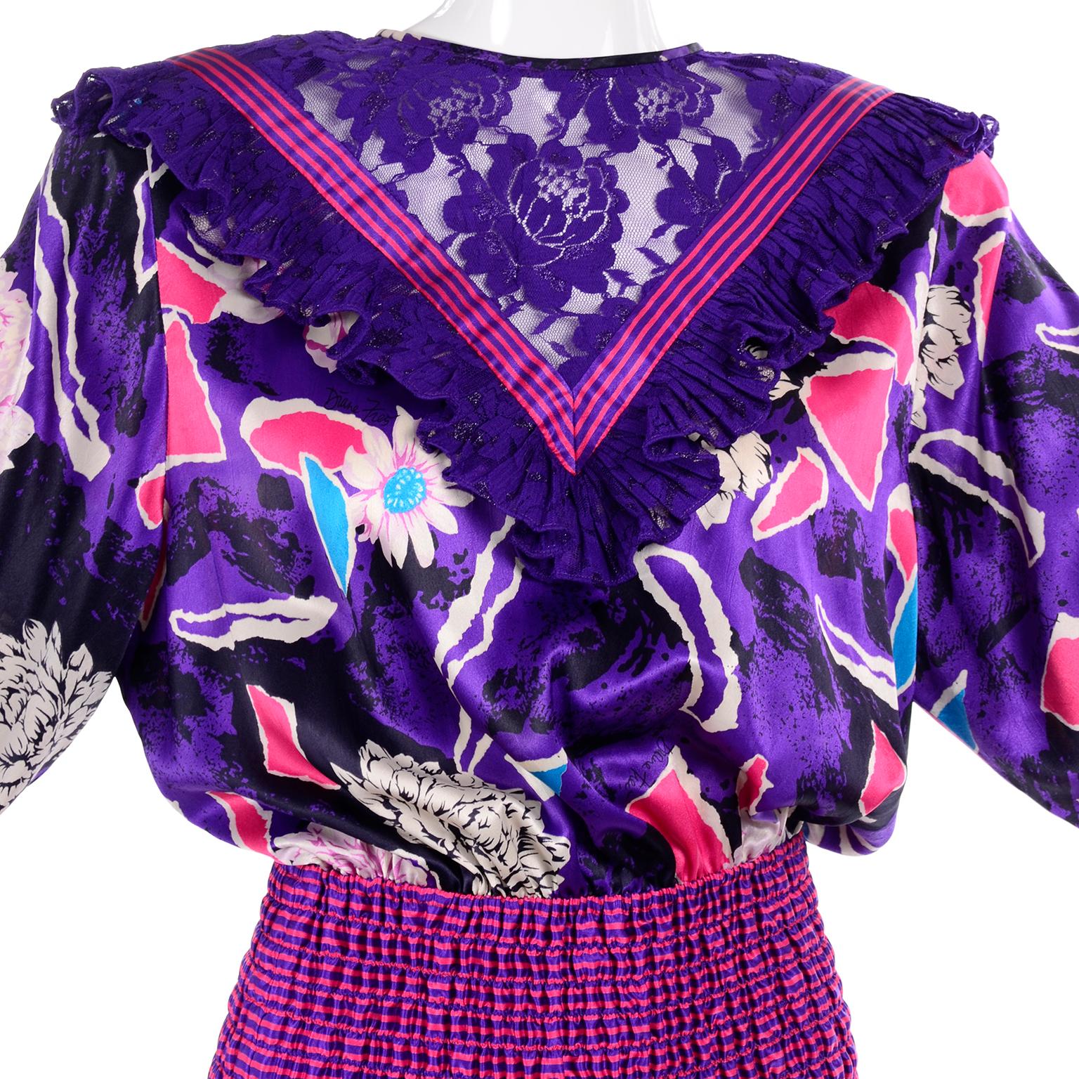 Diane Freis Original 1980s Purple Abstract Floral Dress w Lace Trim & Ruffle 4