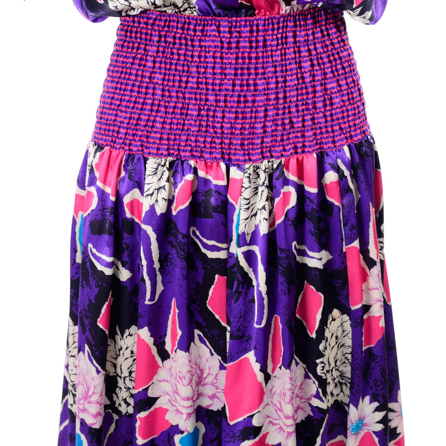 Diane Freis Original 1980s Purple Abstract Floral Dress w Lace Trim & Ruffle 5