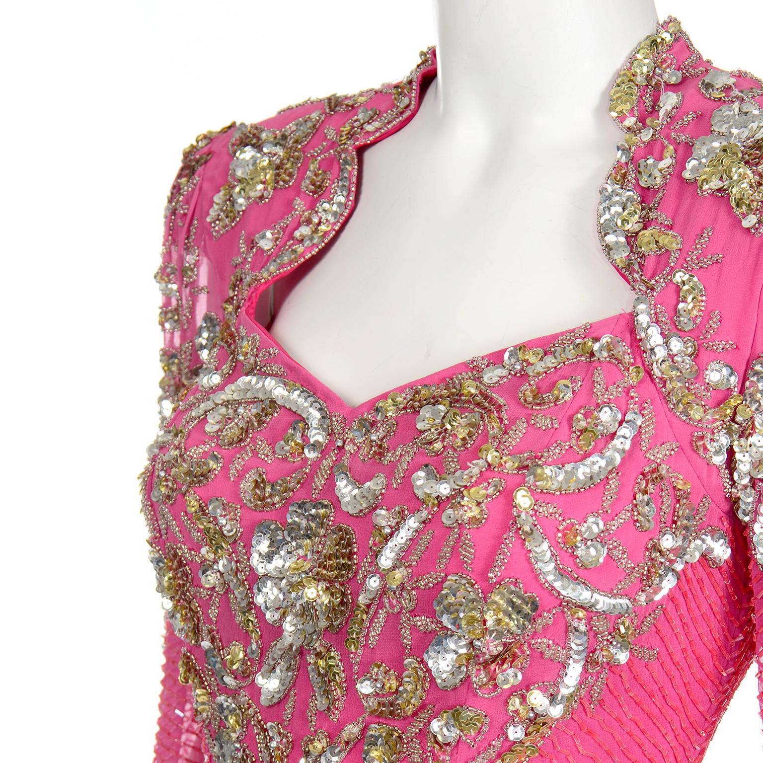 Diane Freis Original  Pink Vintage 80s Evening Dress W Beads Sequins & Open Back 3