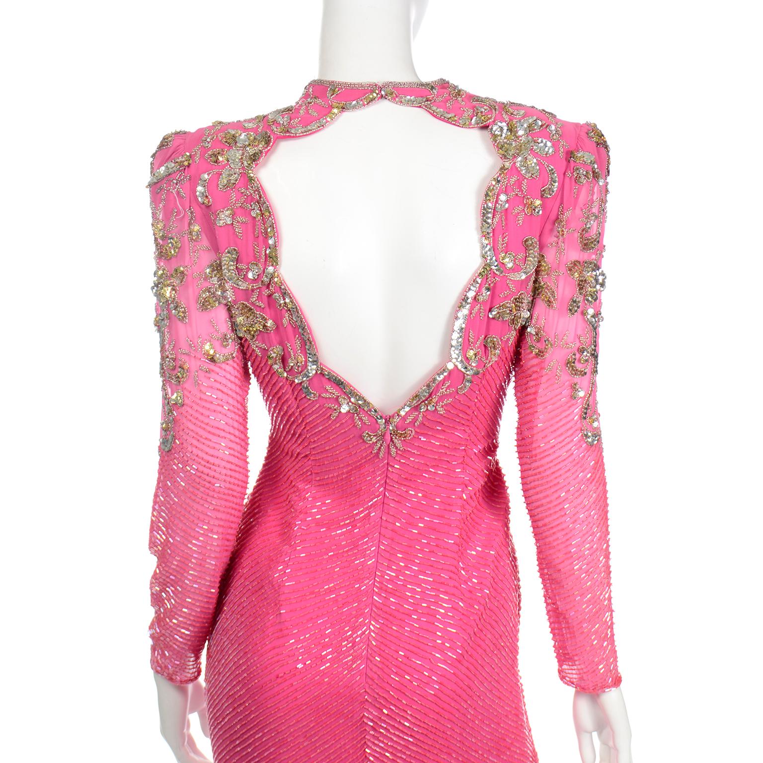 Diane Freis Original  Pink Vintage 80s Evening Dress W Beads Sequins & Open Back 4