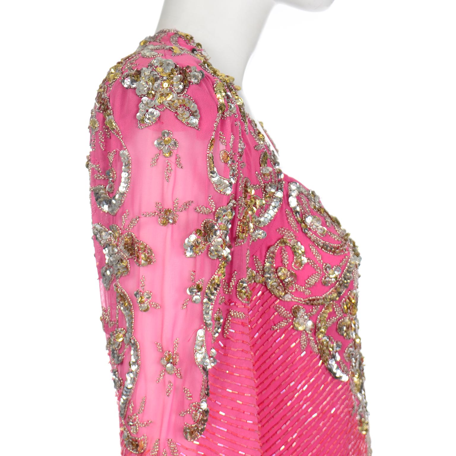 Diane Freis Original  Pink Vintage 80s Evening Dress W Beads Sequins & Open Back 5