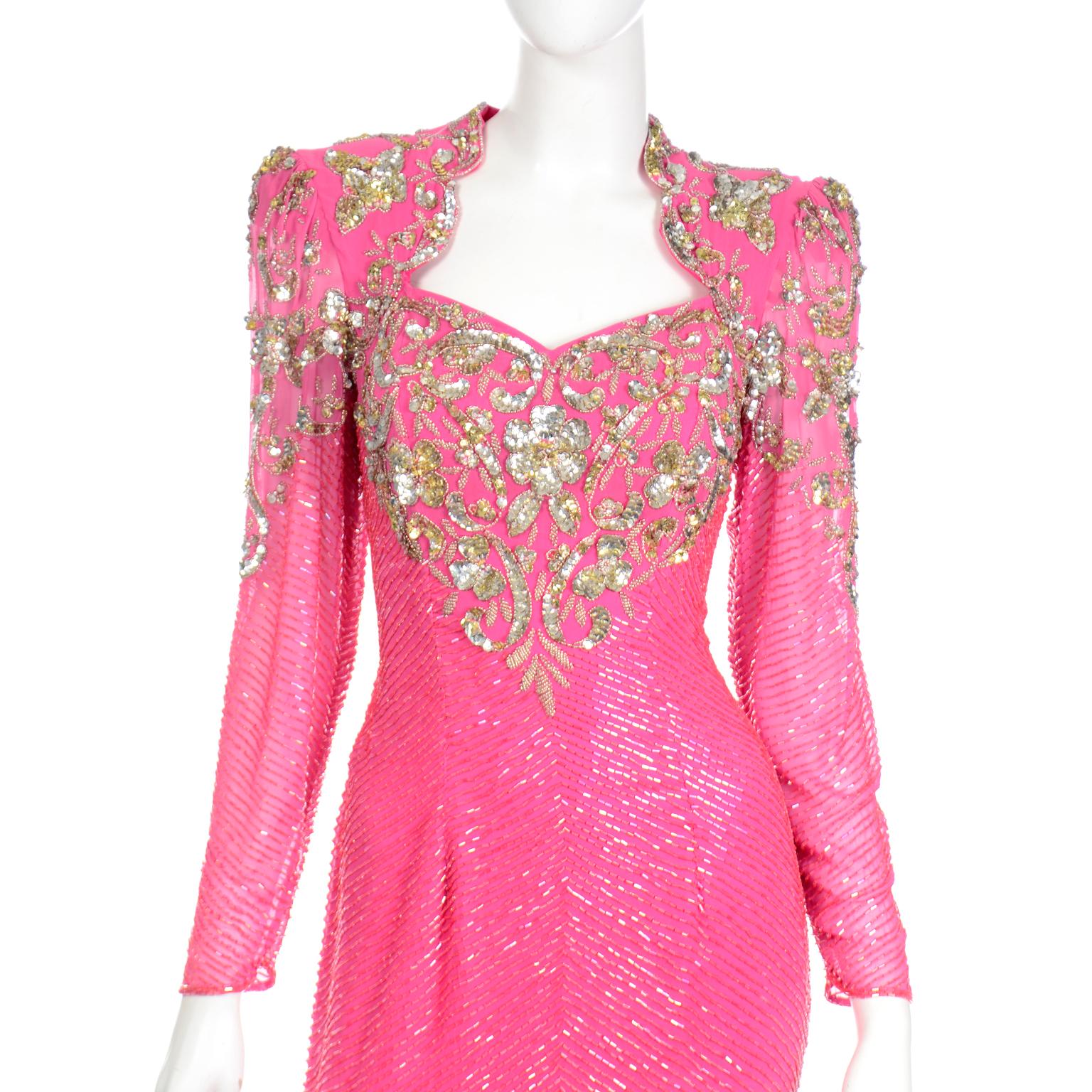 Diane Freis Original  Pink Vintage 80s Evening Dress W Beads Sequins & Open Back In Excellent Condition In Portland, OR