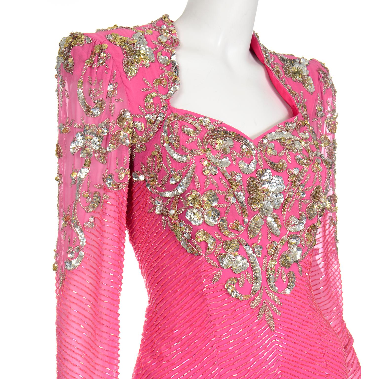 Women's Diane Freis Original  Pink Vintage 80s Evening Dress W Beads Sequins & Open Back