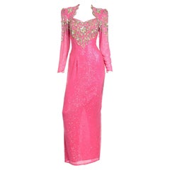 Diane Freis Original  Pink Vintage 80s Evening Dress W Beads Sequins & Open Back