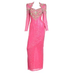 Diane Freis Original Pink Vintage 80s Evening Dress W Beads Sequins & Open Back