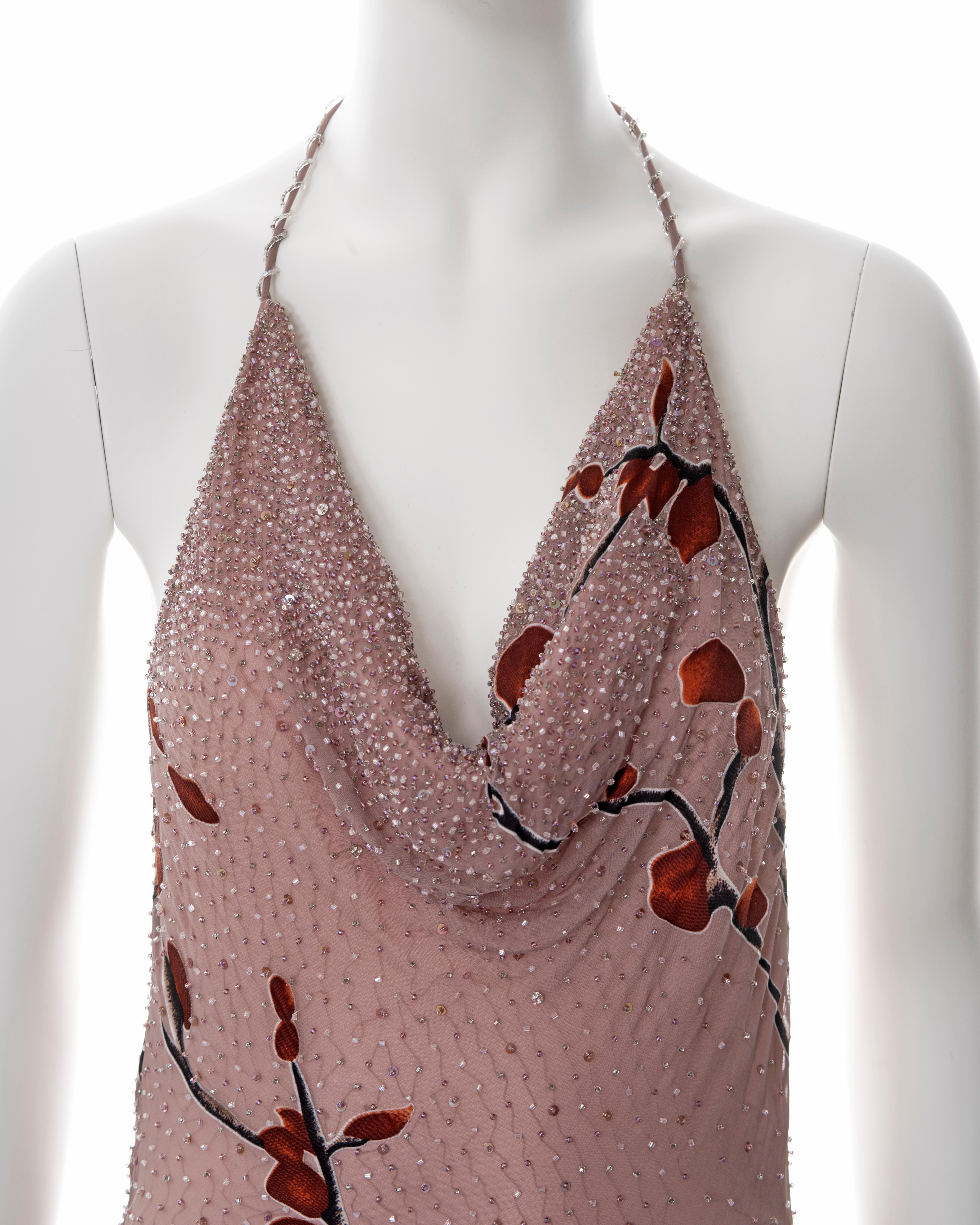 Diane Freis pink hand-beaded chiffon halter-neck evening dress, c. 2000 In Excellent Condition In London, GB