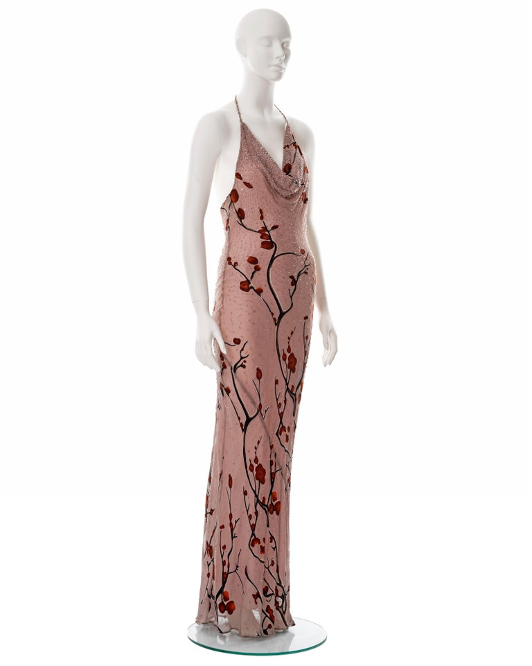 Women's Diane Freis pink hand-beaded chiffon halter-neck evening dress, c. 2000 For Sale