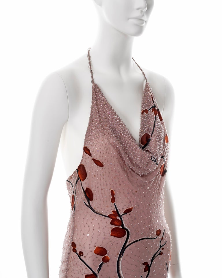 Diane Freis pink hand-beaded chiffon halter-neck evening dress, c. 2000 For Sale 1