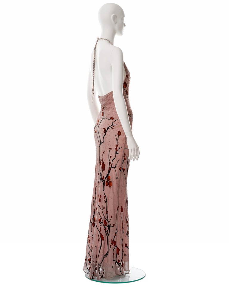 Diane Freis pink hand-beaded chiffon halter-neck evening dress, c. 2000 For Sale 2